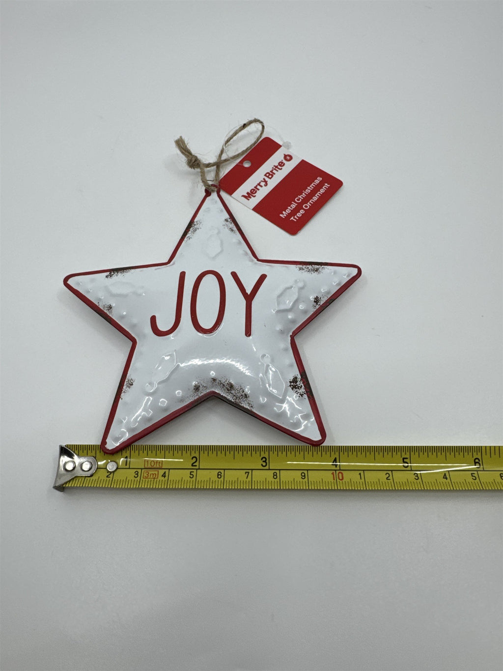 Joy 5" Star-Shaped Metal Christmas Tree Ornament White and Red Star Merry Brite