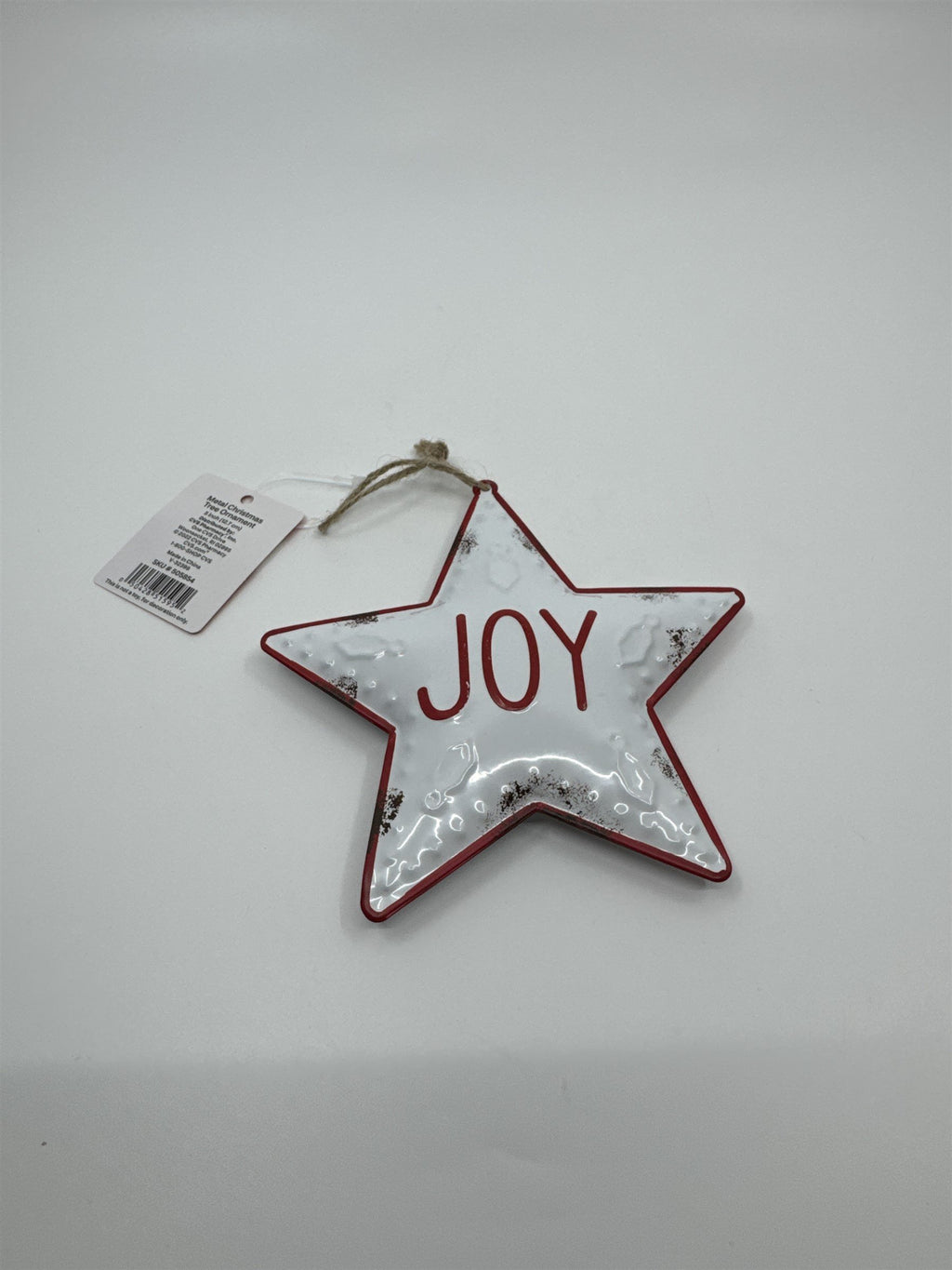 Joy 5" Star-Shaped Metal Christmas Tree Ornament White and Red Star Merry Brite