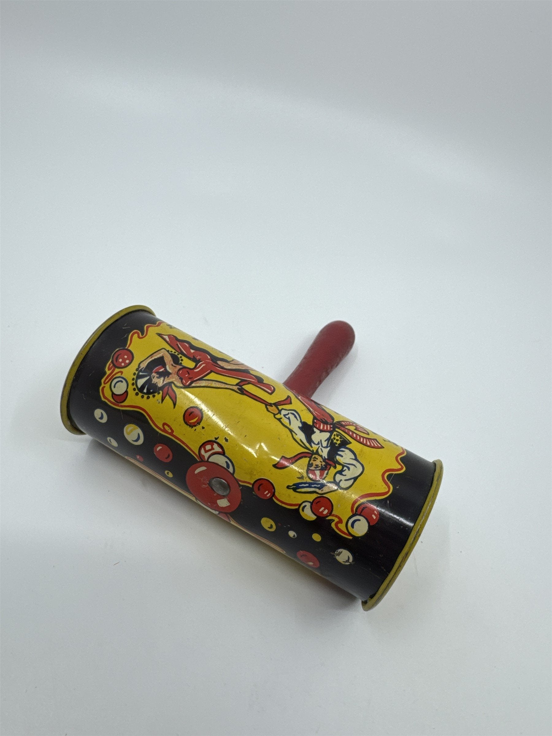 Kirchhof 1950s Tin Litho Toy Noisemaker Newark NJ USA Musical Clowns /w Balloons
