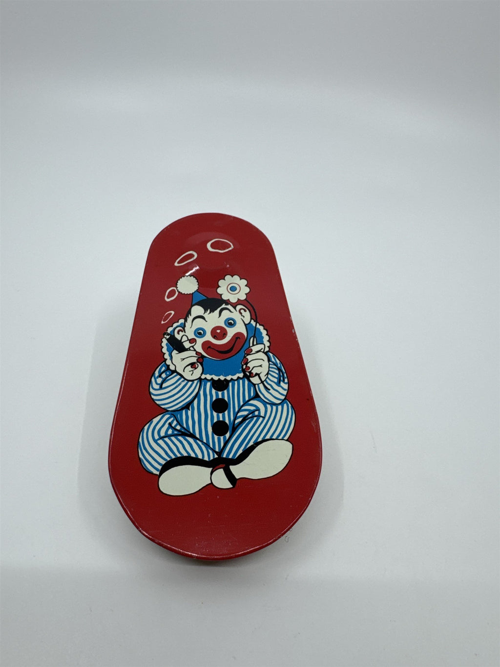 Vintage 1950s Tin Litho Winding Noisemaker USA Cigar Rings Smoking Clown Flower