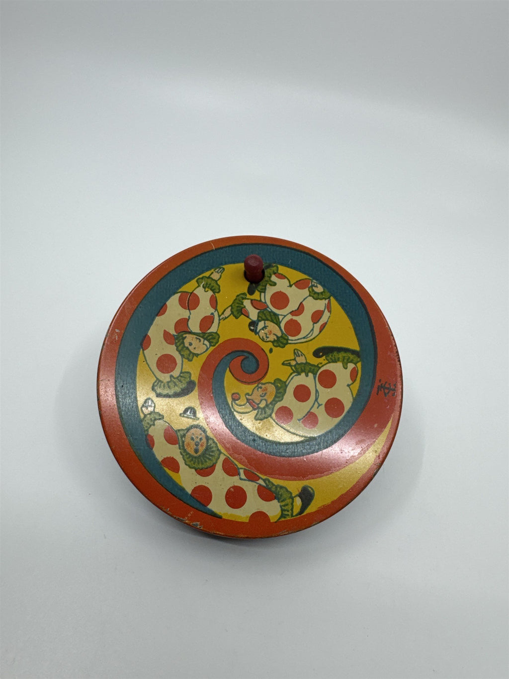 Vintage 1950s Tin Litho Winding Noisemaker USA by T Cohn Swirling Clowns