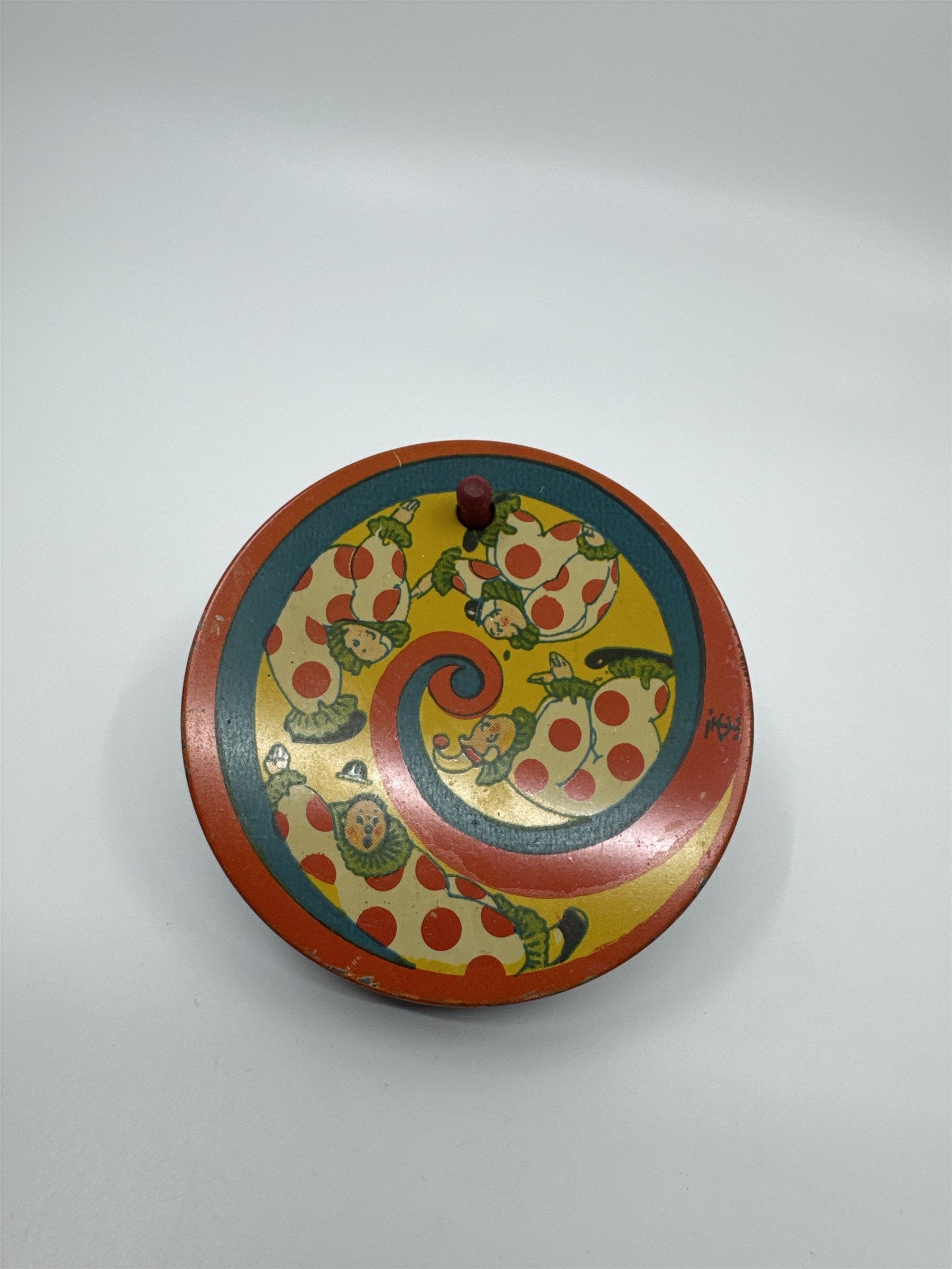 Vintage 1950s Tin Litho Winding Noisemaker USA by T Cohn Swirling Clowns