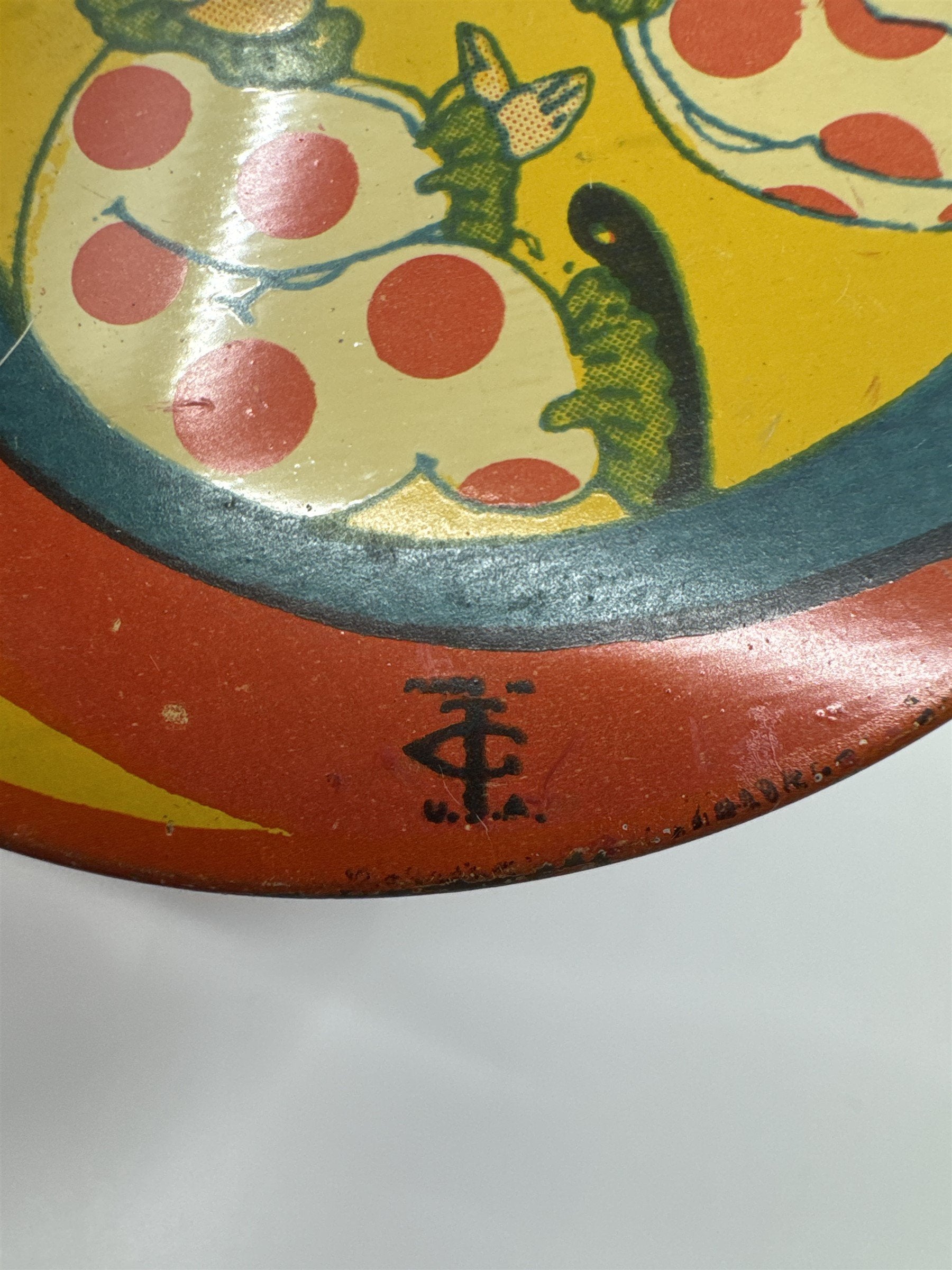 Vintage 1950s Tin Litho Winding Noisemaker USA by T Cohn Swirling Clowns