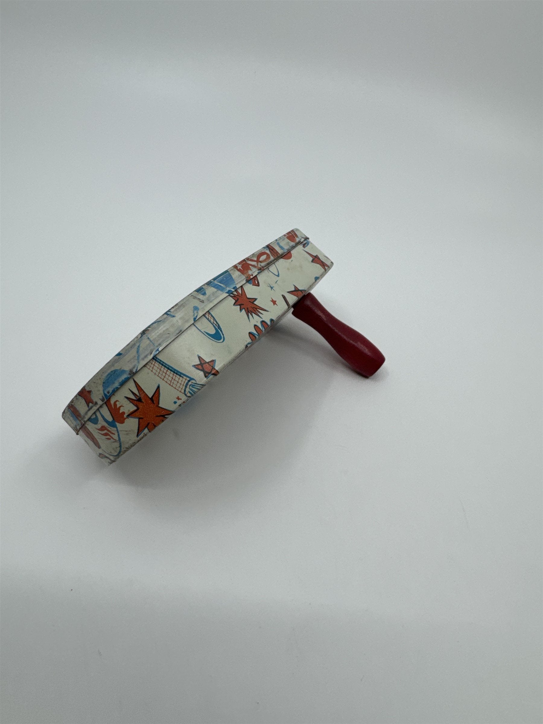 Vintage 1950s Tin Litho Winding Noisemaker USA Clowns and Bells Bangs Booms Pow