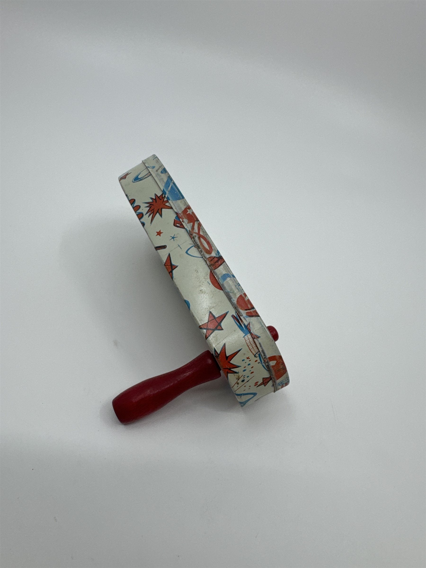 Vintage 1950s Tin Litho Winding Noisemaker USA Clowns and Bells Bangs Booms Pow