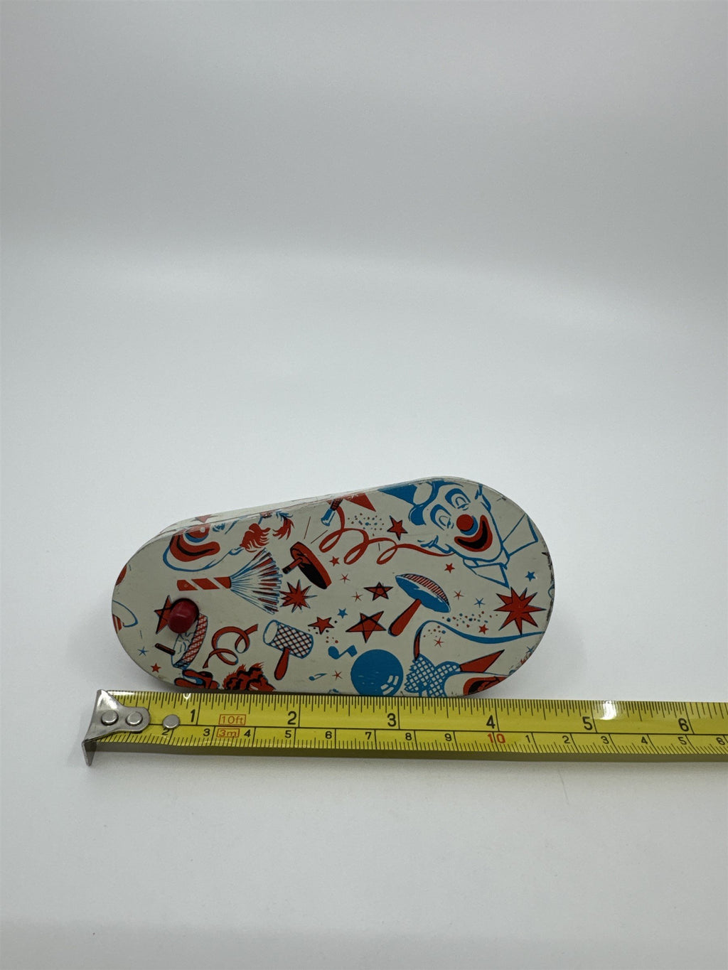 Vintage 1950s Tin Litho Winding Noisemaker USA Clowns and Bells Bangs Booms Pow