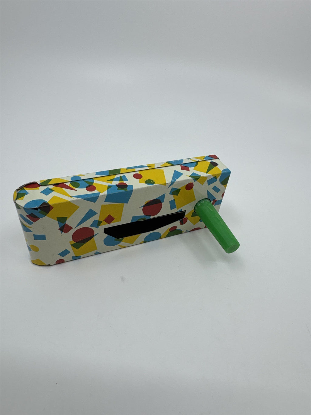 Vintage 1950s Tin Litho Winding Noisemaker USA Geometric Shapes Squares Circles