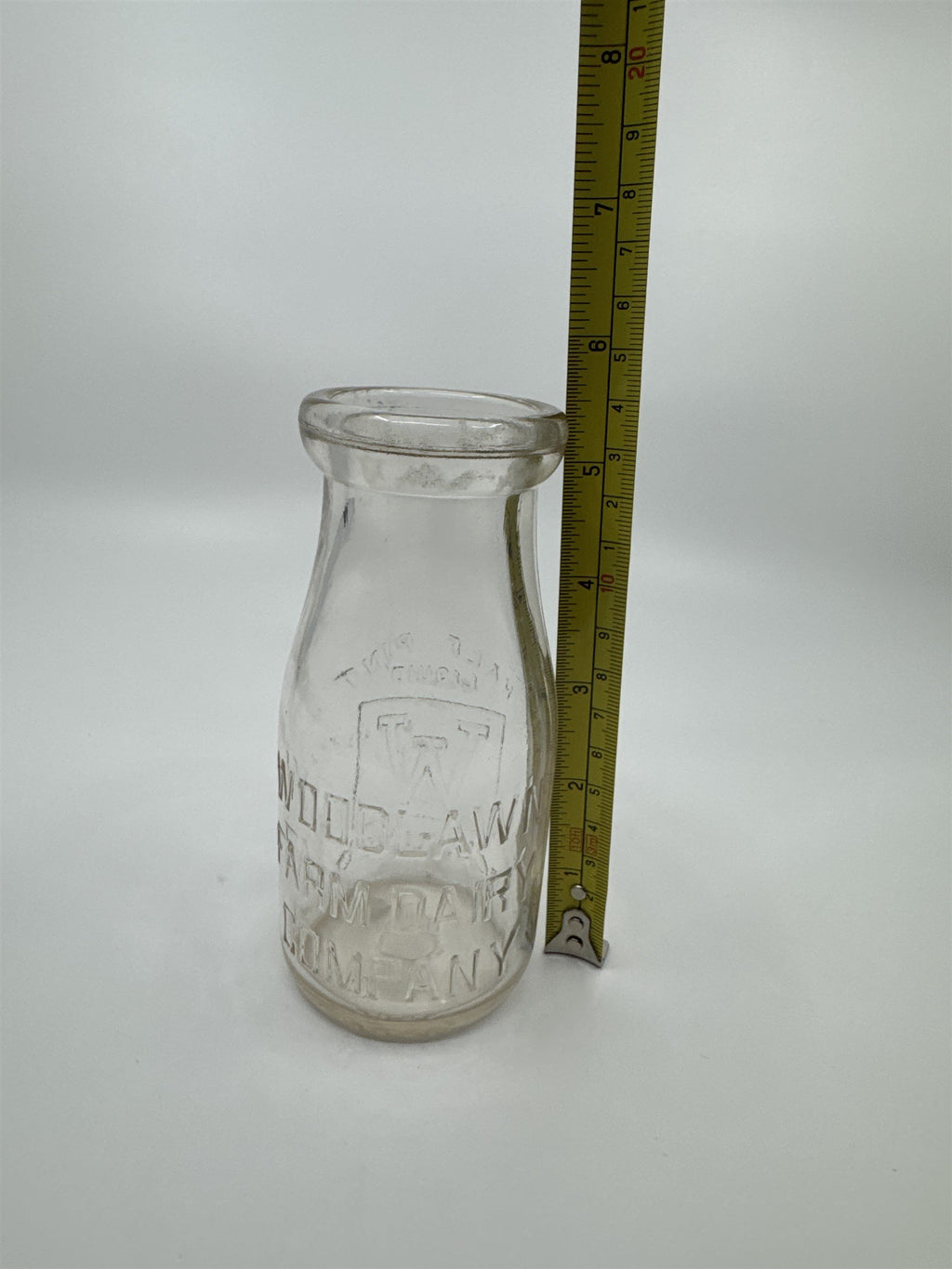 Vintage Woodlawn Farm Dairy Co Milk Jar Half Pint Liquid Glass Embossed Duraglas