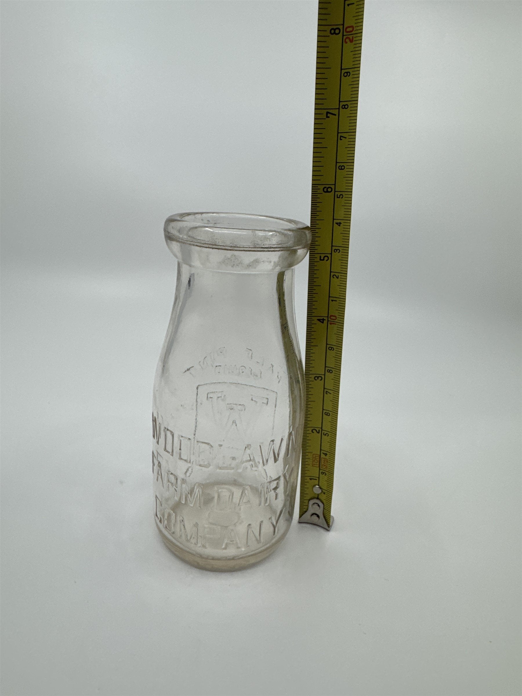 Vintage Woodlawn Farm Dairy Co Milk Jar Half Pint Liquid Glass Embossed Duraglas
