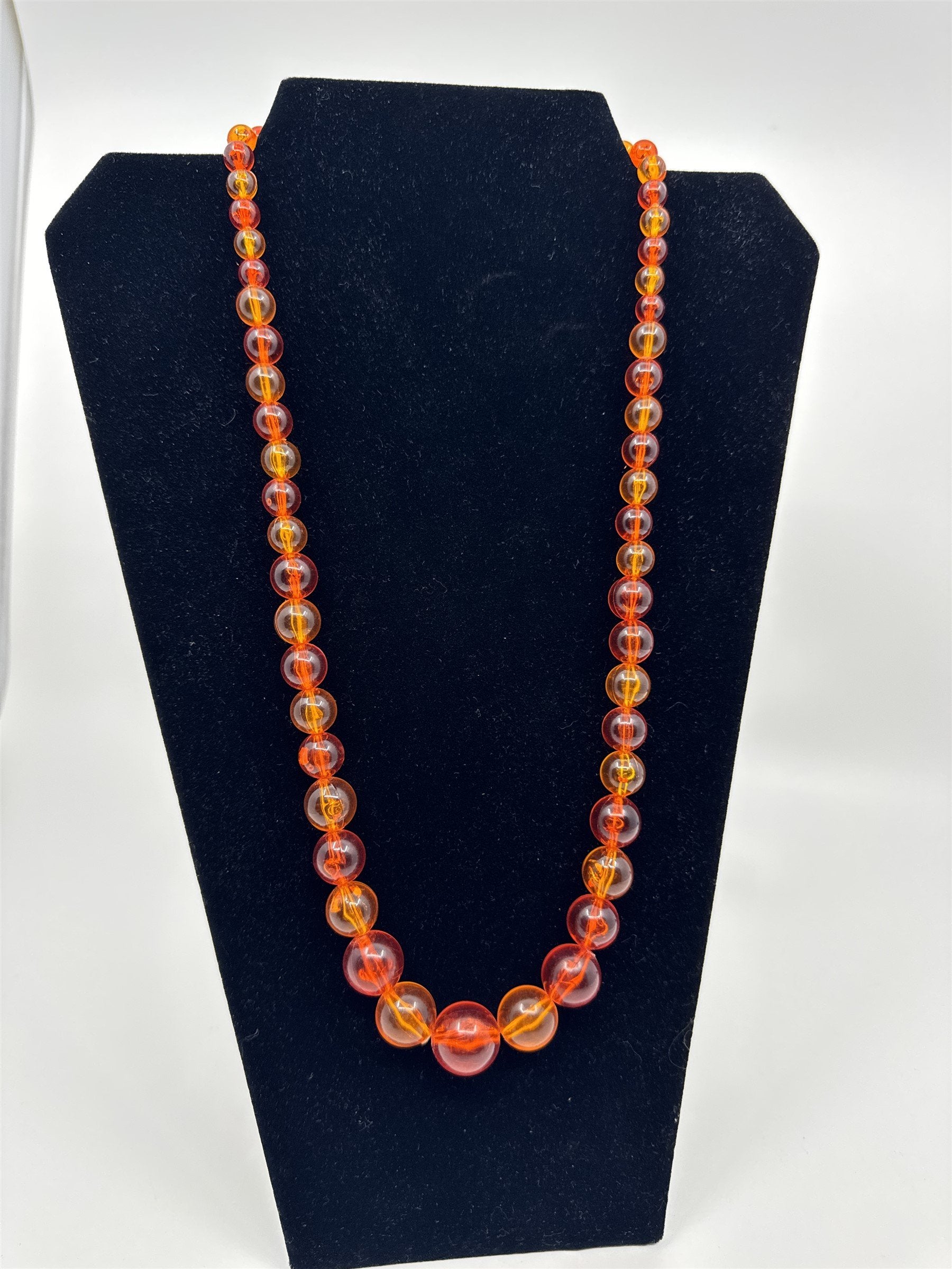 Vintage Orange/Red Hard Plastic Lucite? Beaded Necklace Barrel Clasp 24" Strand