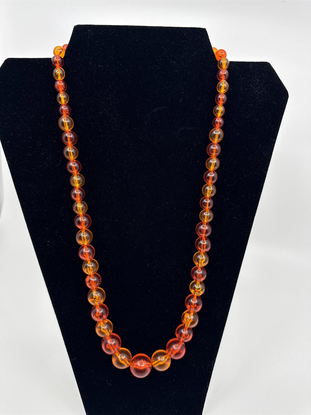 Vintage Orange/Red Hard Plastic Lucite? Beaded Necklace Barrel Clasp 24" Strand
