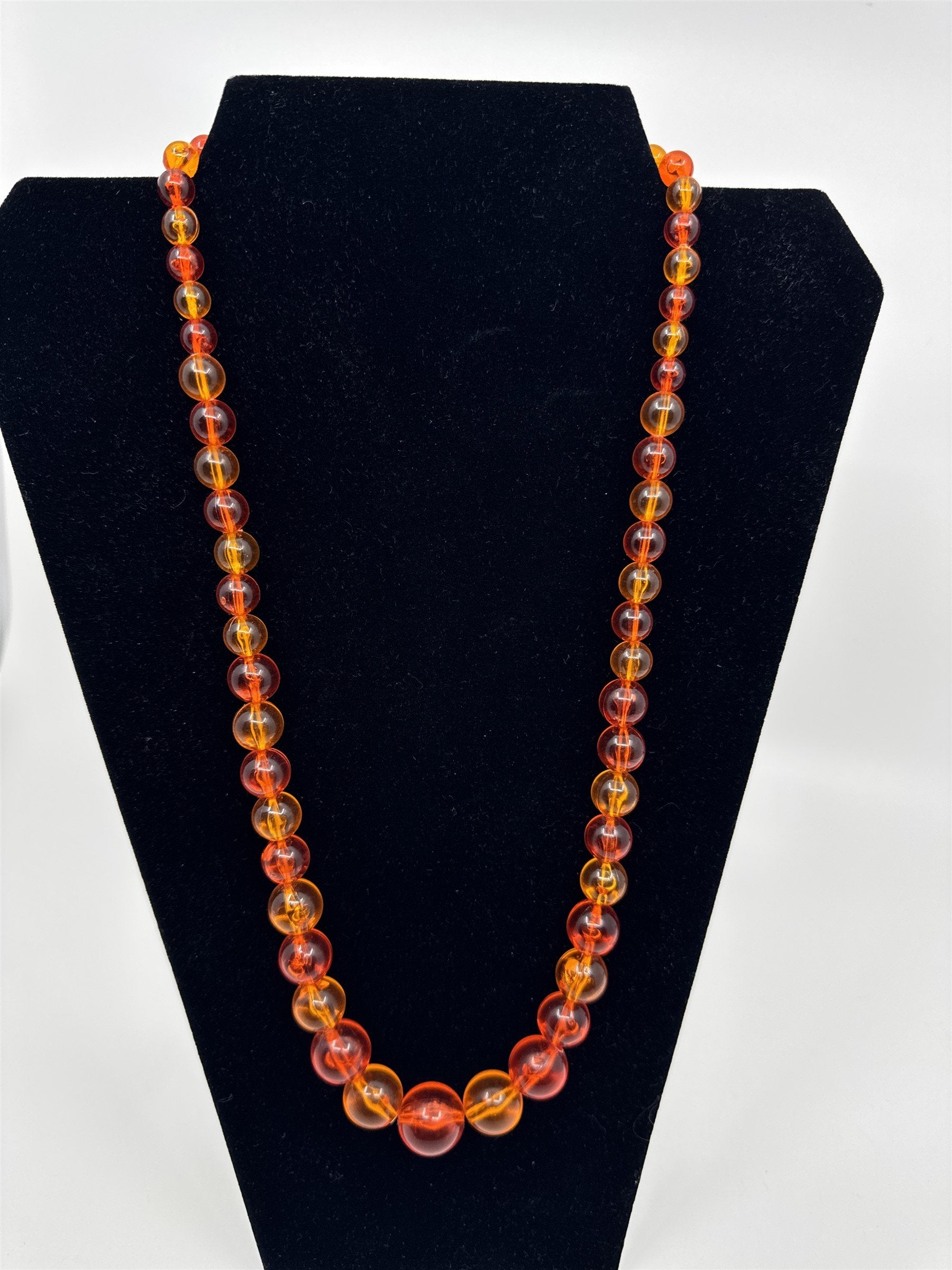 Vintage Orange/Red Hard Plastic Lucite? Beaded Necklace Barrel Clasp 24" Strand