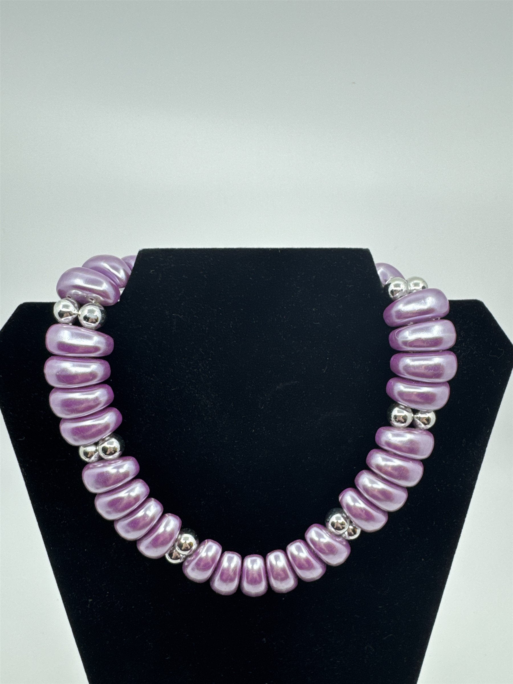 Vintage Metallic Purple Faux Stone and Silver Beads Necklace Choker
