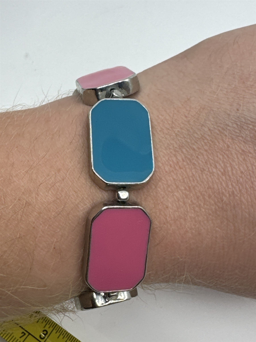 Vintage Blue/Pink Double-Sided Metal Enamel Bracelet Womens