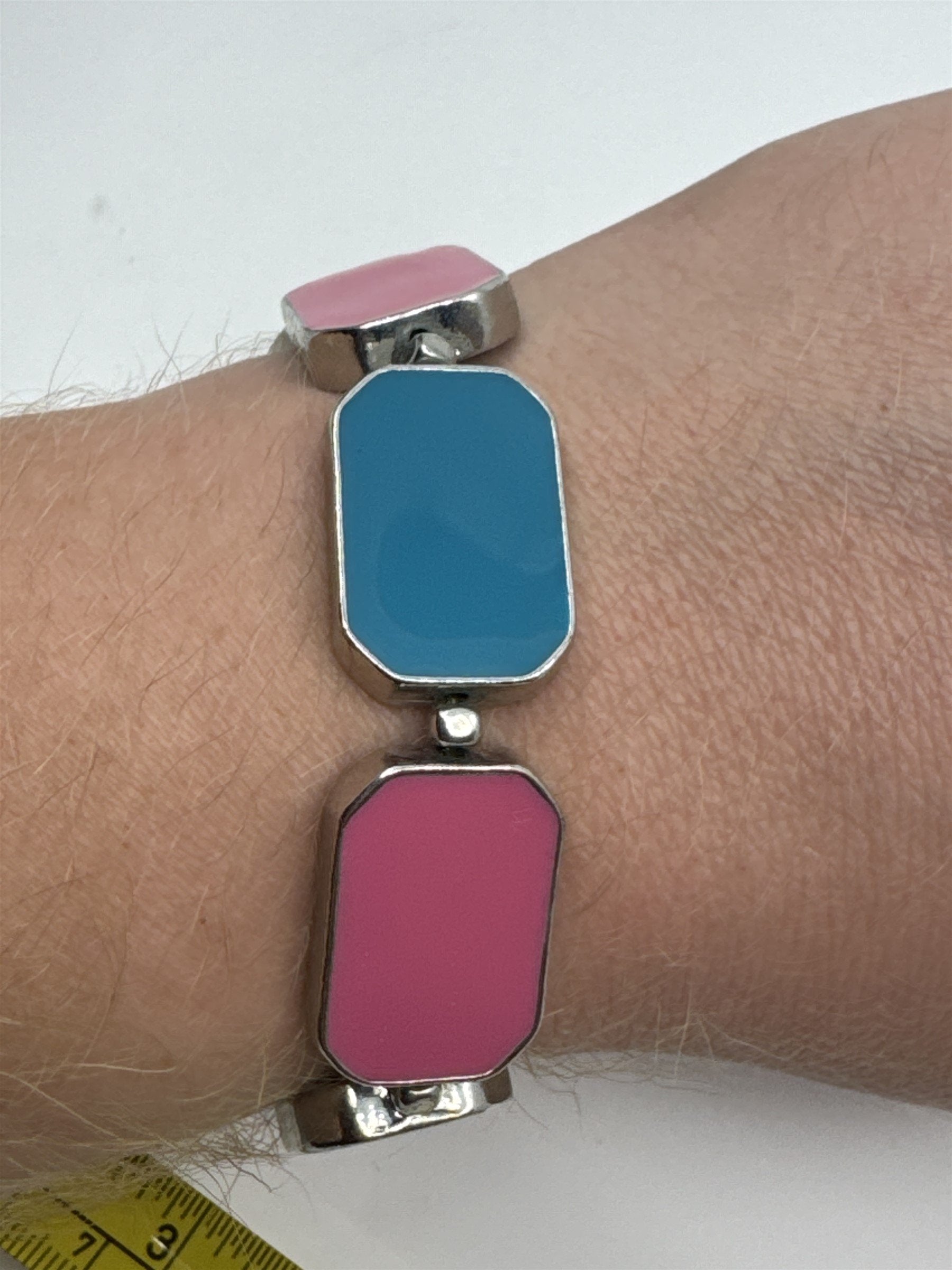 Vintage Blue/Pink Double-Sided Metal Enamel Bracelet Womens