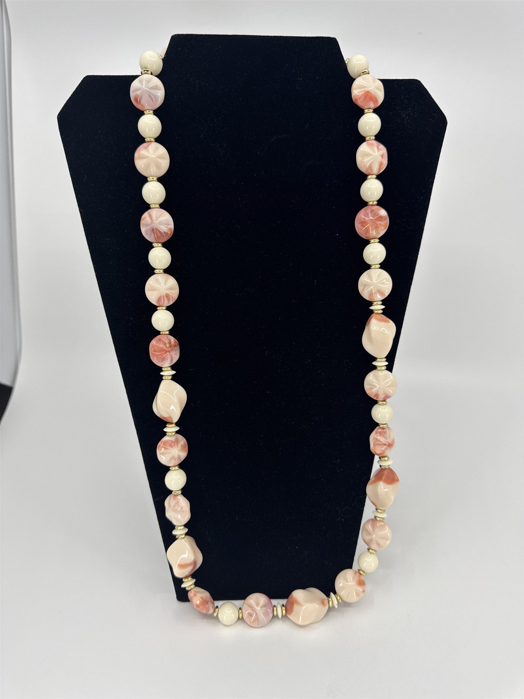 Vintage Pink and Cream Colored Beaded Necklace w Swirl Shell Pattern Beads Resin