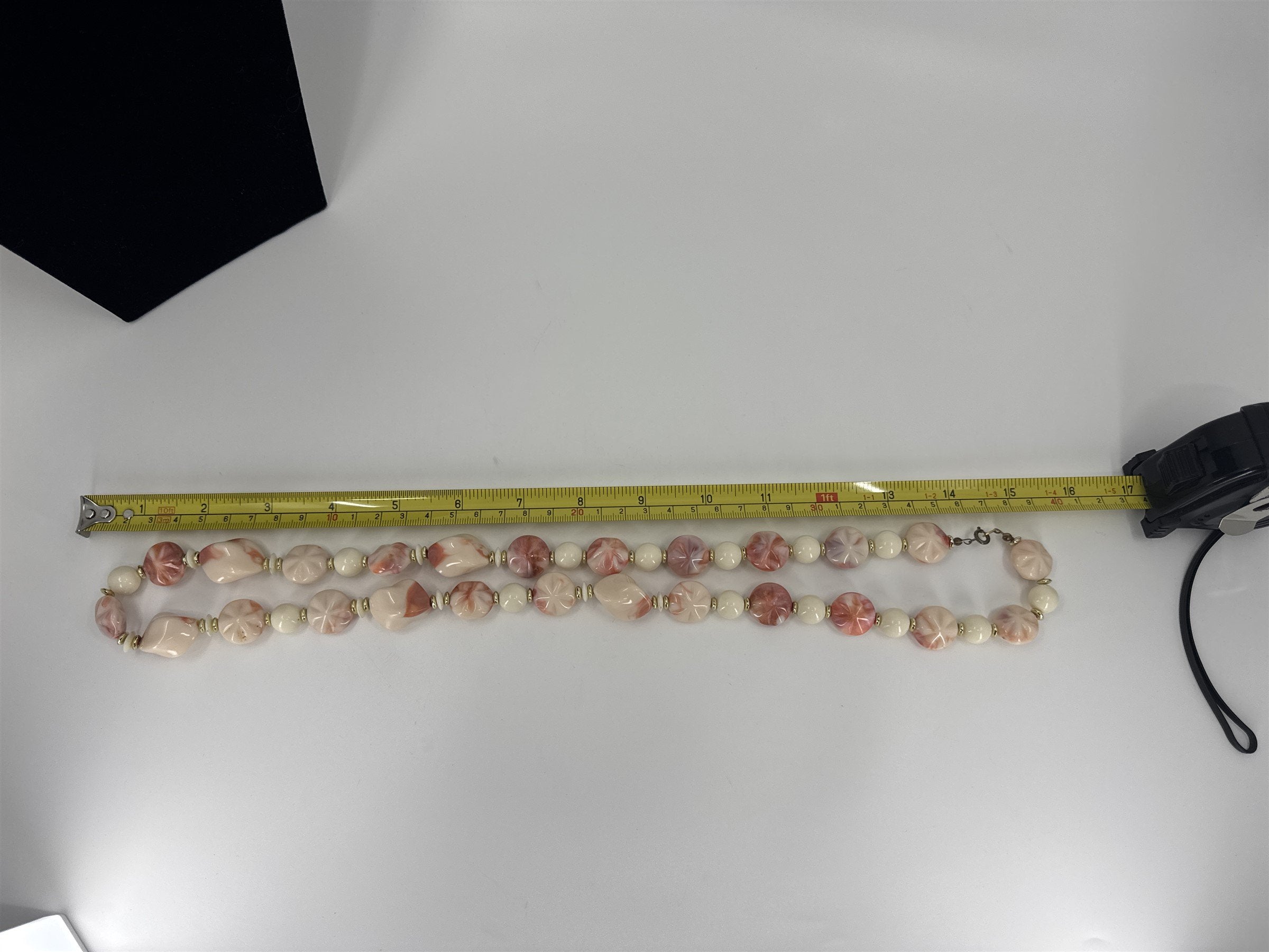 Vintage Pink and Cream Colored Beaded Necklace w Swirl Shell Pattern Beads Resin