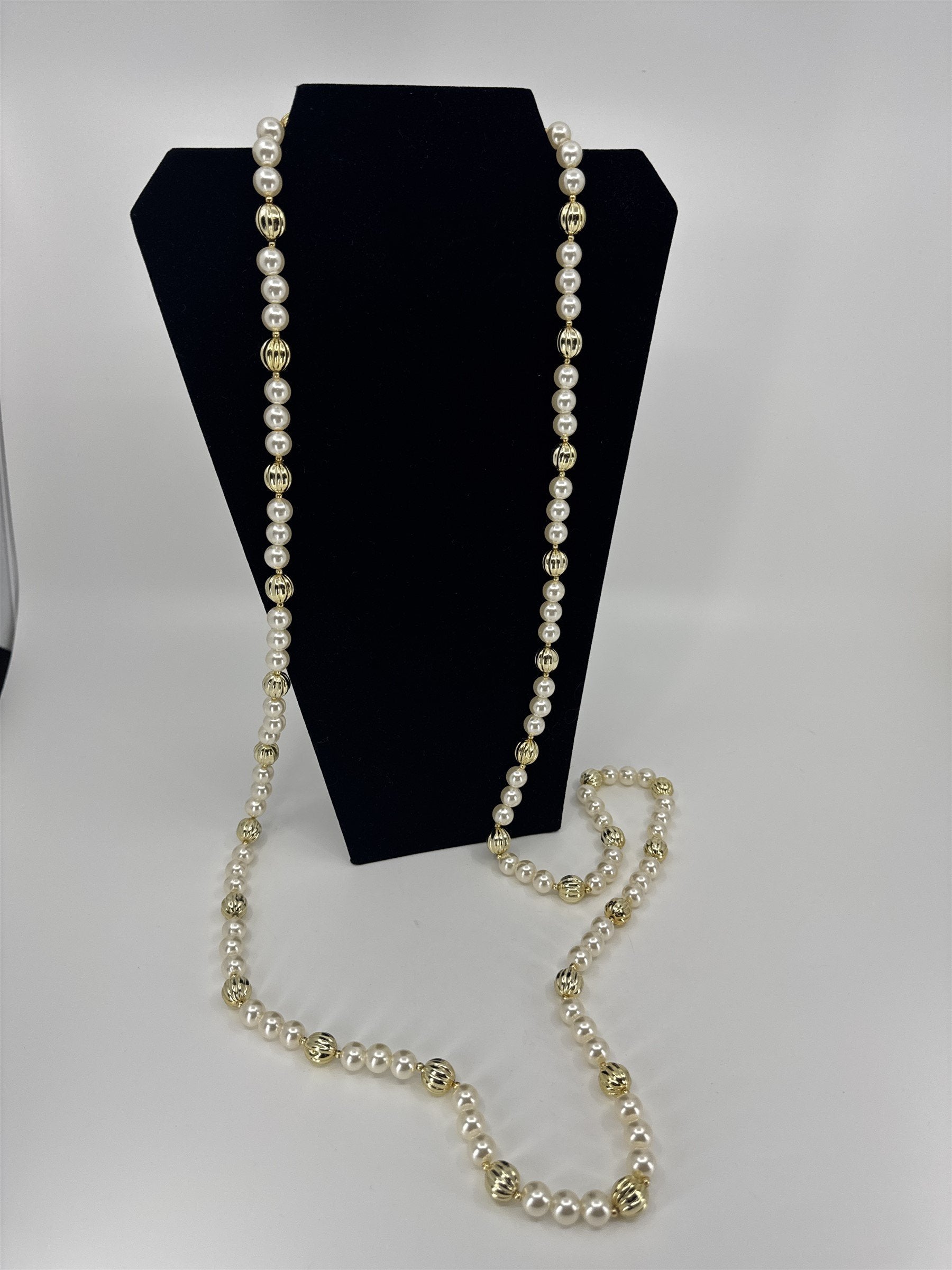 Vintage Extra Long Faux Pearl and Gold Swirl Beaded Necklace Shiny Metallic
