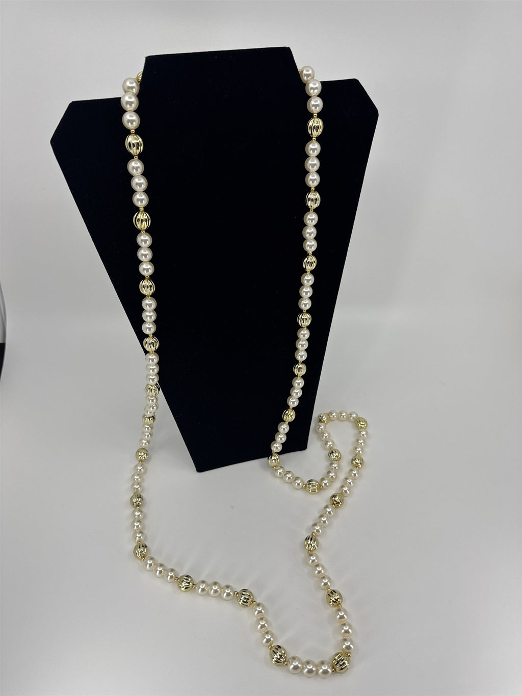 Vintage Extra Long Faux Pearl and Gold Swirl Beaded Necklace Shiny Metallic