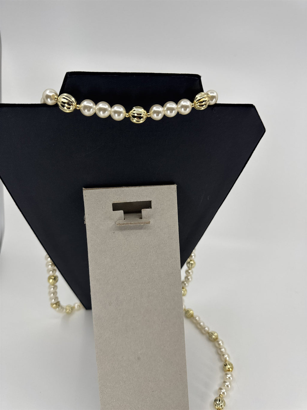 Vintage Extra Long Faux Pearl and Gold Swirl Beaded Necklace Shiny Metallic