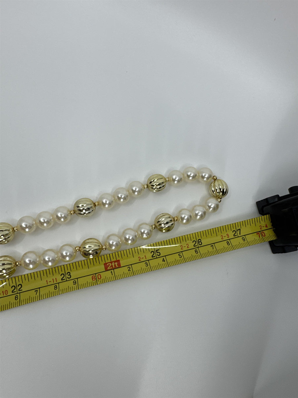 Vintage Extra Long Faux Pearl and Gold Swirl Beaded Necklace Shiny Metallic