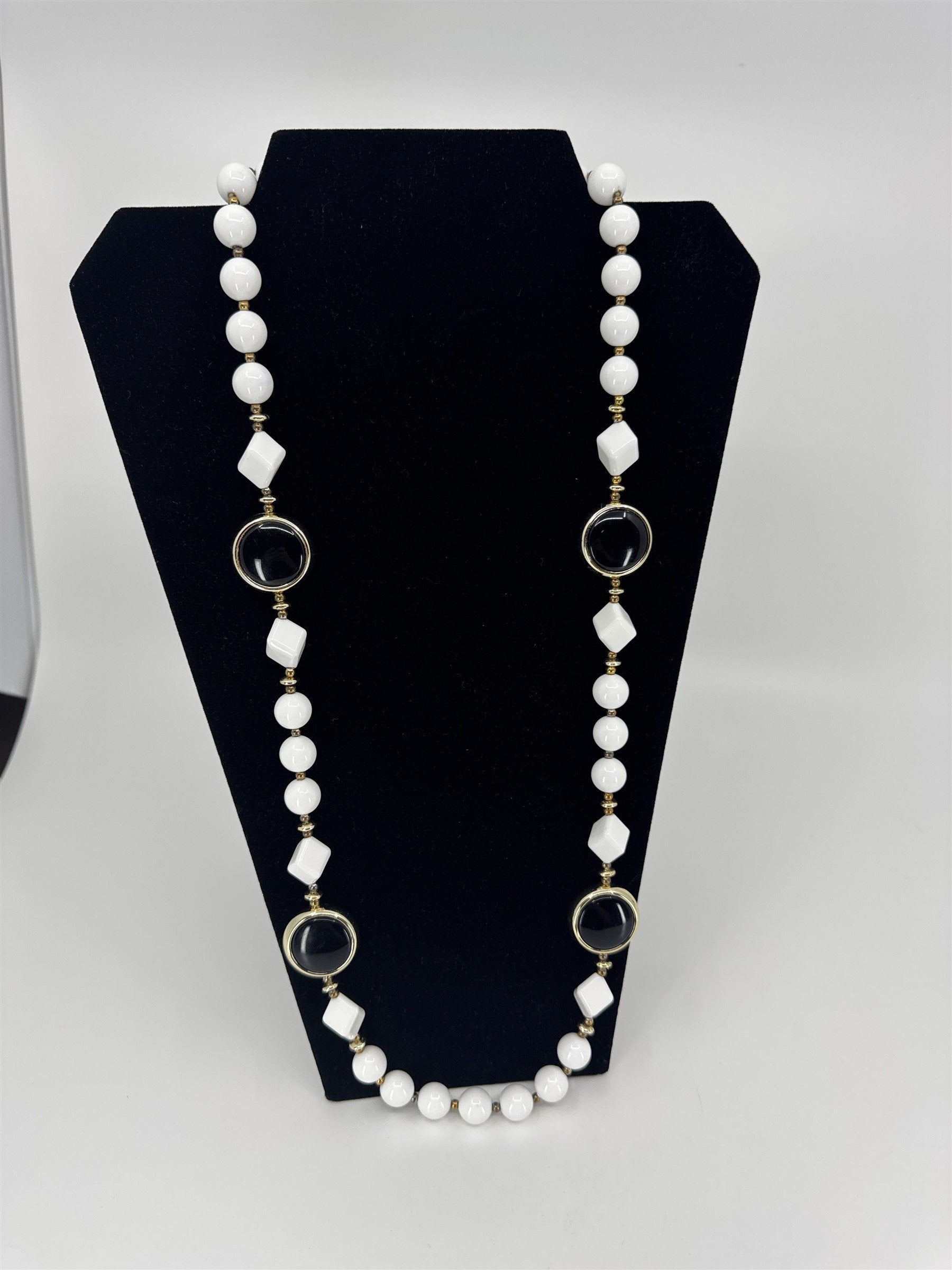 Vintage White Hard Resin Beaded Necklace /w Geometric and Circular Shapes