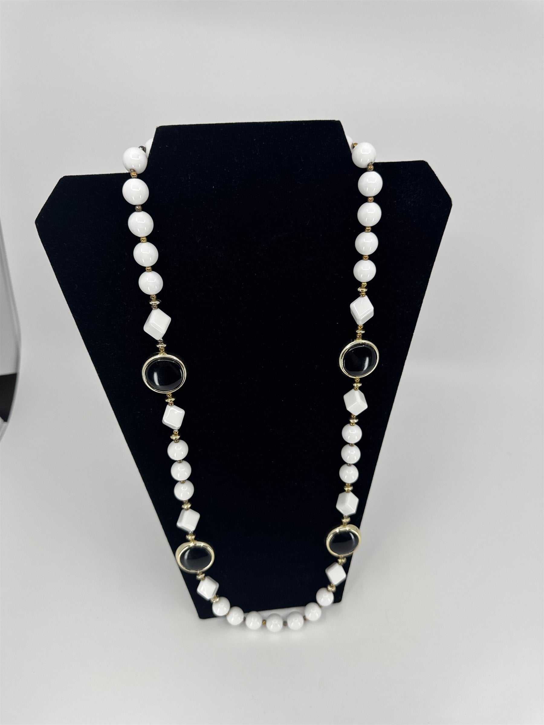 Vintage White Hard Resin Beaded Necklace /w Geometric and Circular Shapes