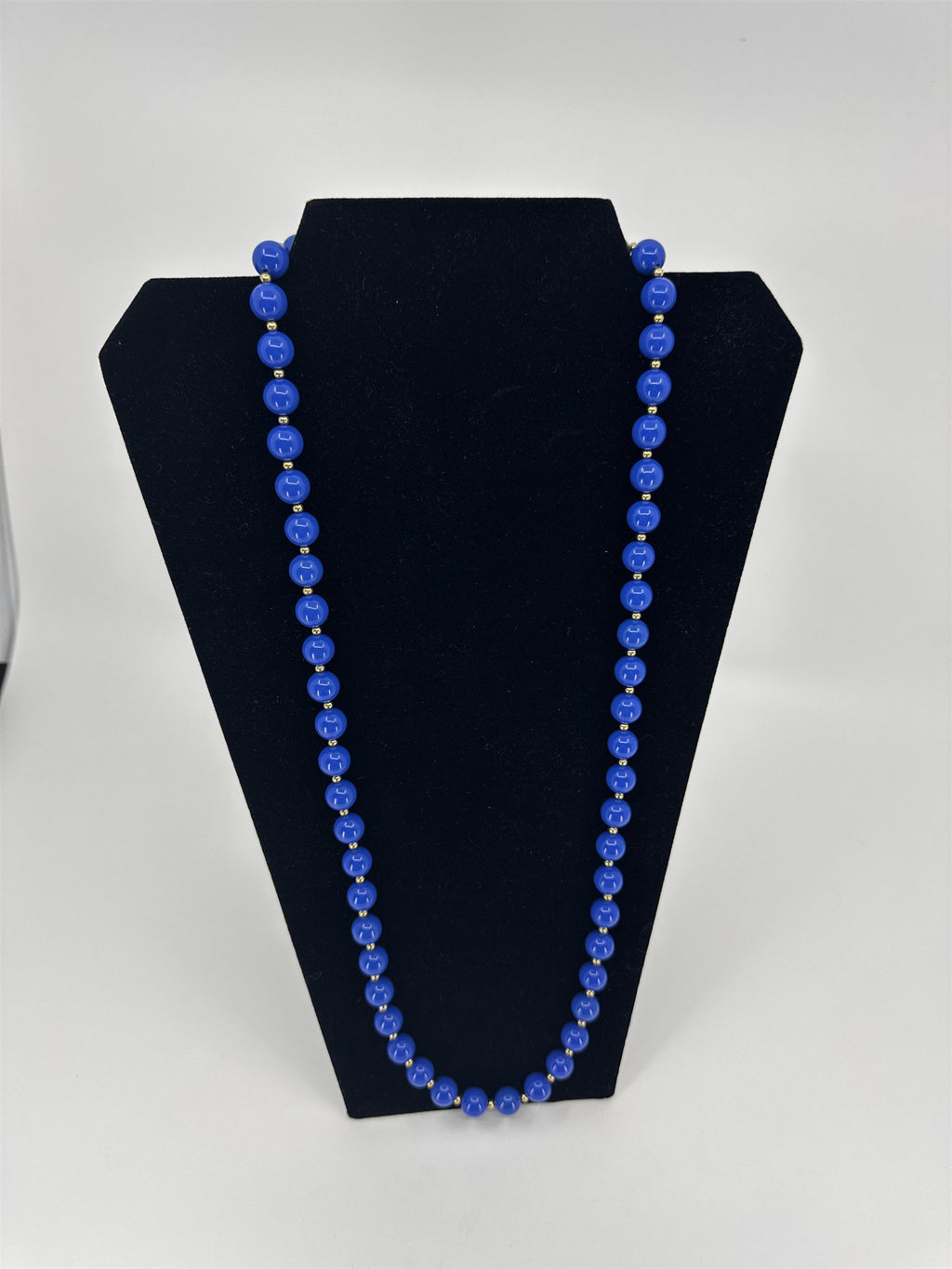 Vintage Blue Resin Beaded Necklace /w Gold Tone Beads Costume Jewelry