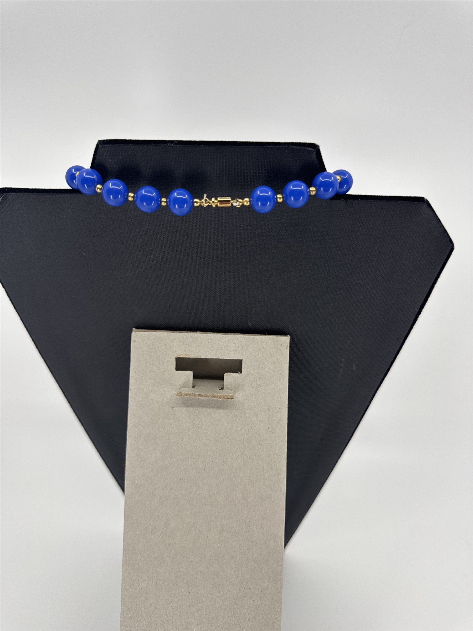 Vintage Blue Resin Beaded Necklace /w Gold Tone Beads Costume Jewelry