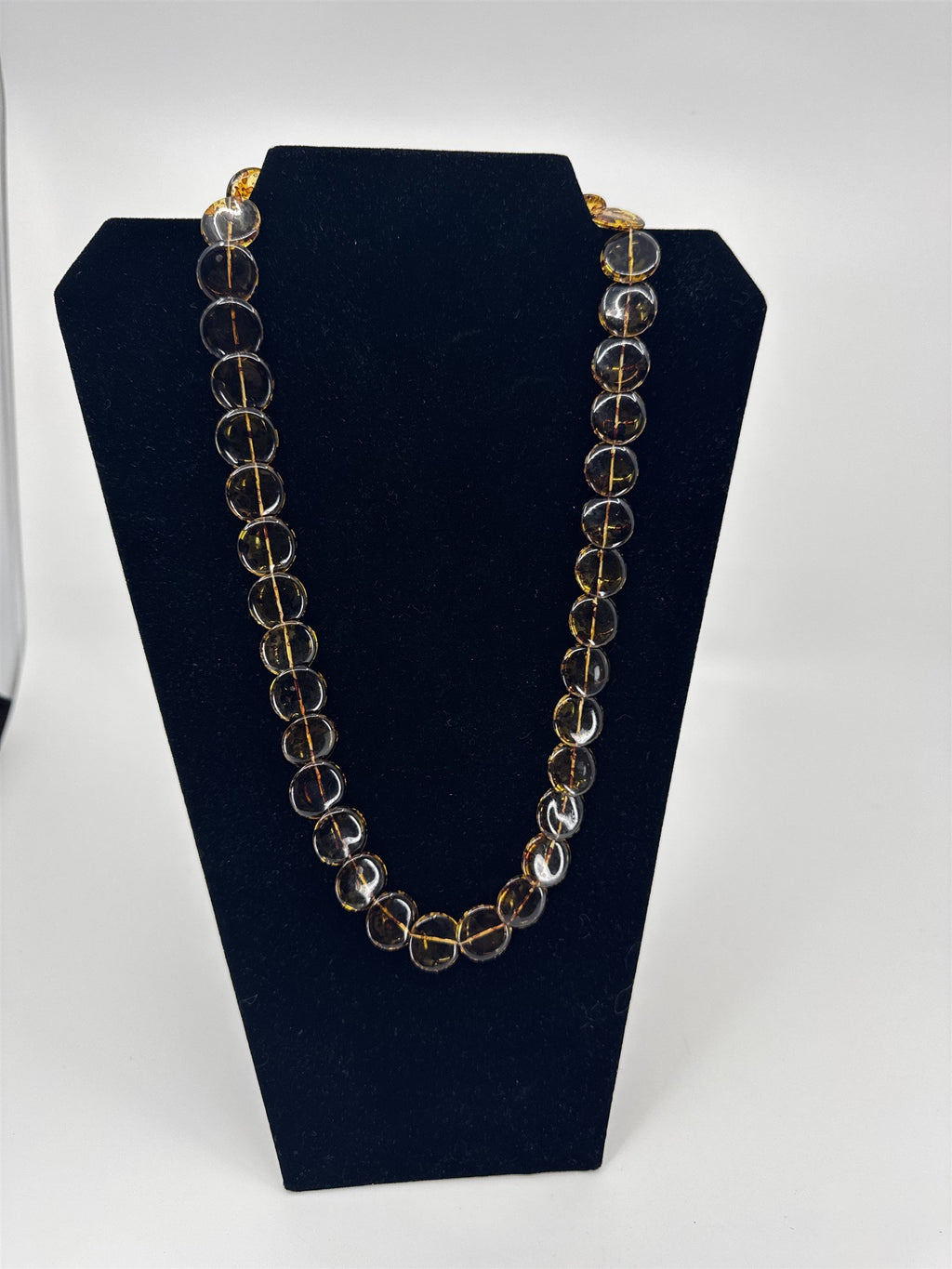 Vintage Womens Necklace Costume Jewelry Transparent Brown Discs /w Brown Specs