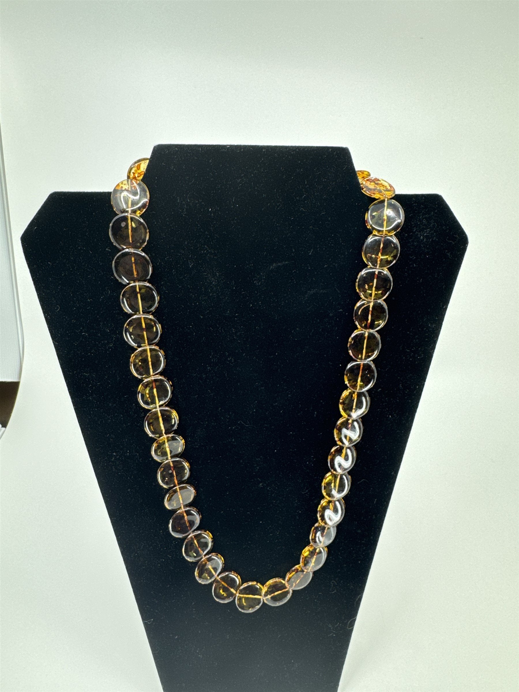 Vintage Womens Necklace Costume Jewelry Transparent Brown Discs /w Brown Specs