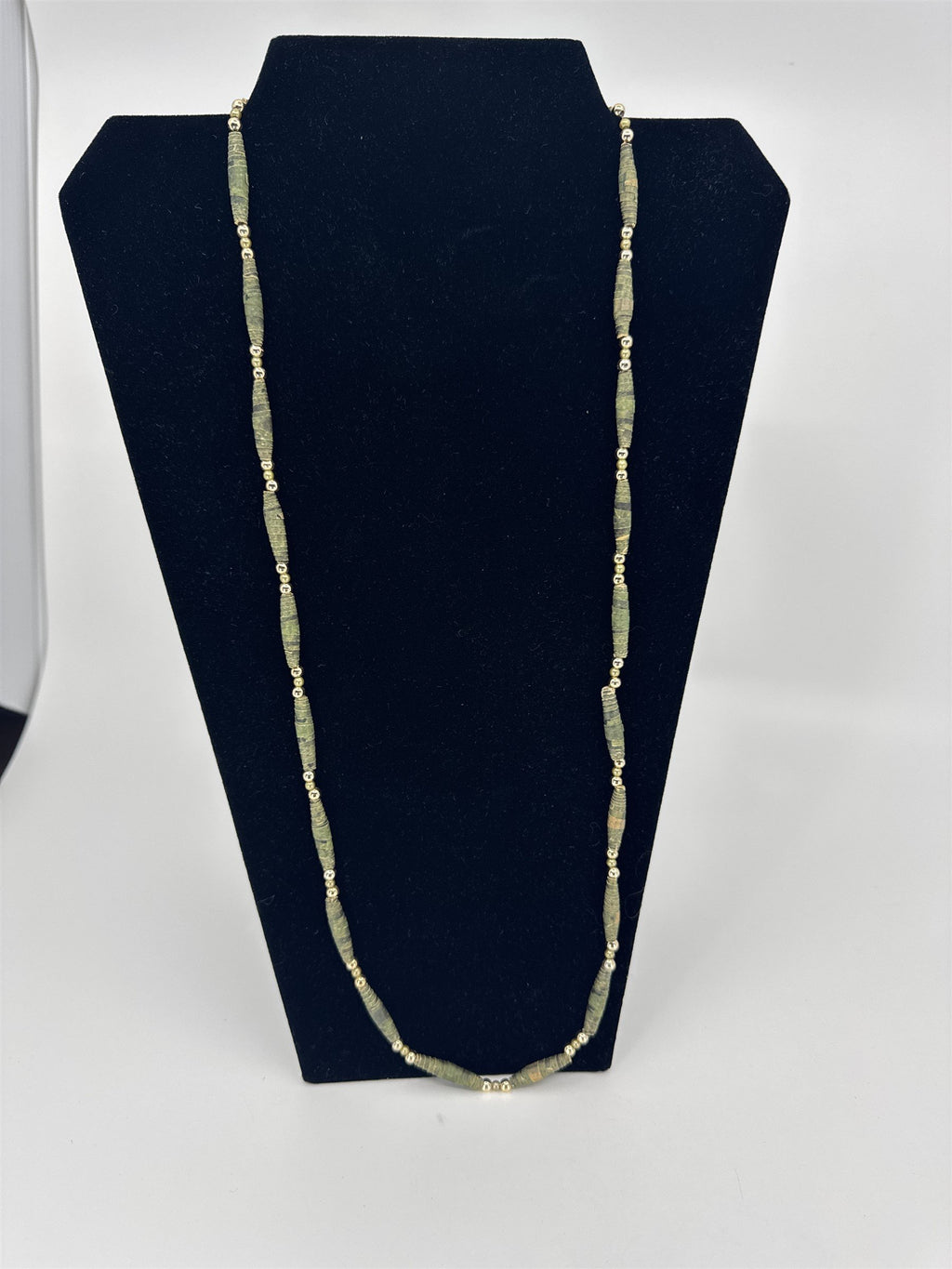 Vintage Womens Necklace Handmade Green Rolled Paper /w Gold Tone Beads