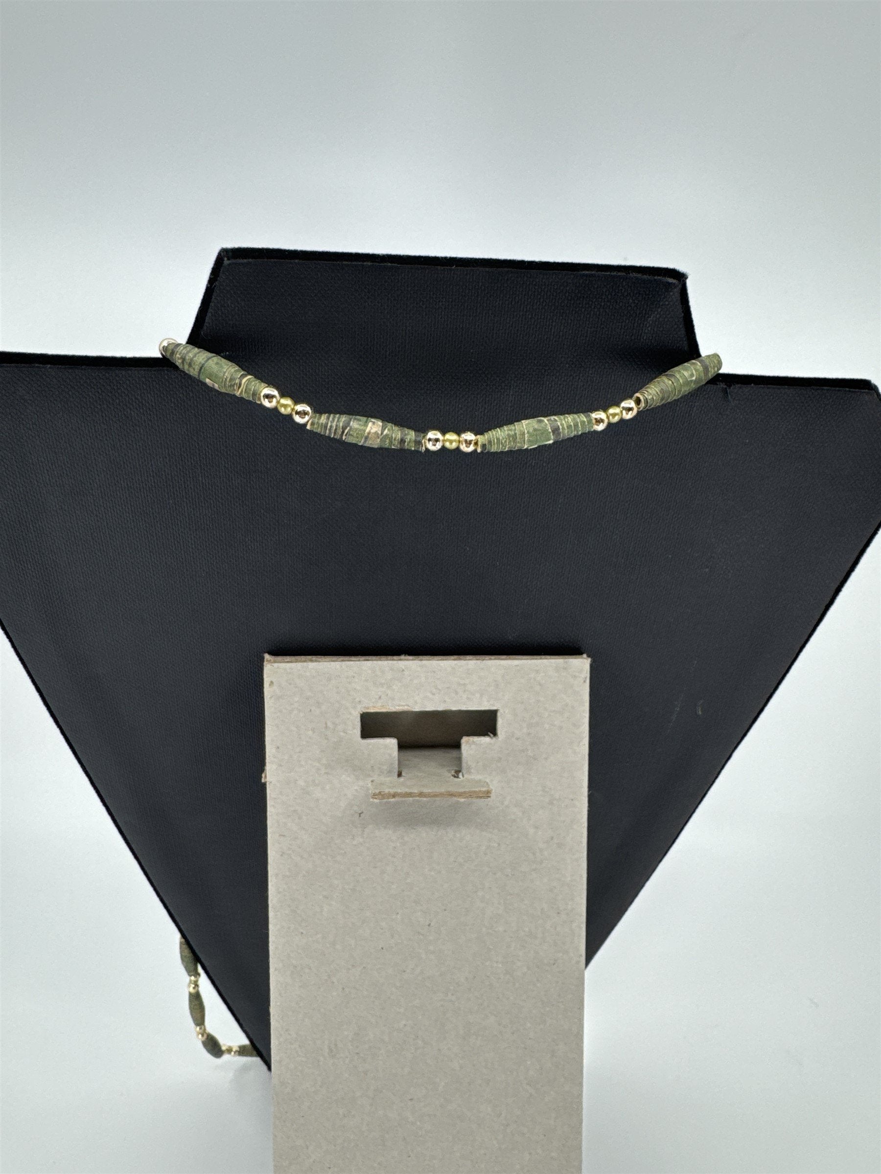 Vintage Womens Necklace Handmade Green Rolled Paper /w Gold Tone Beads