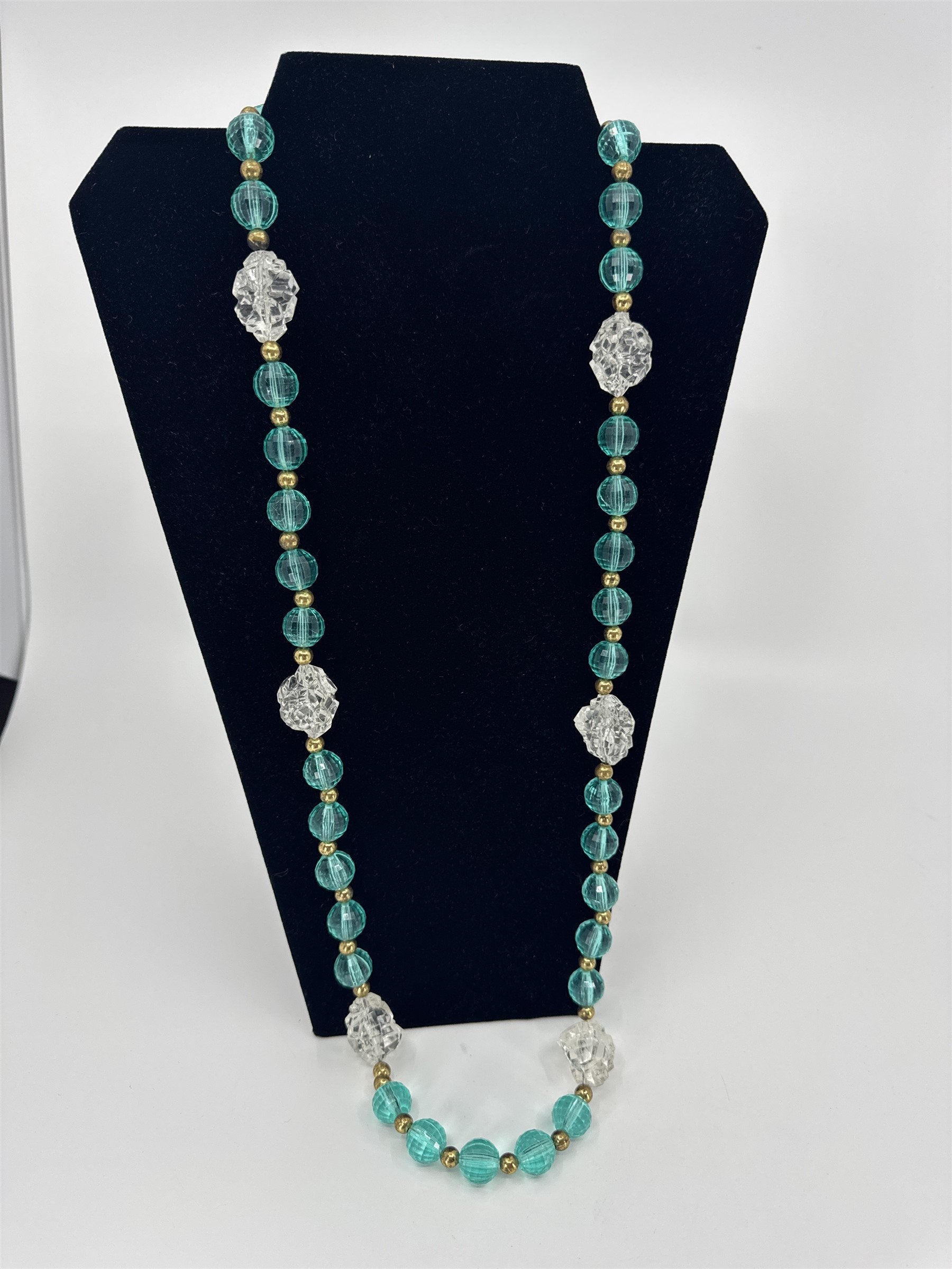 Vintage Womens Necklace Costume Jewelry Transparent Acrylic Icebergs Blue Gold