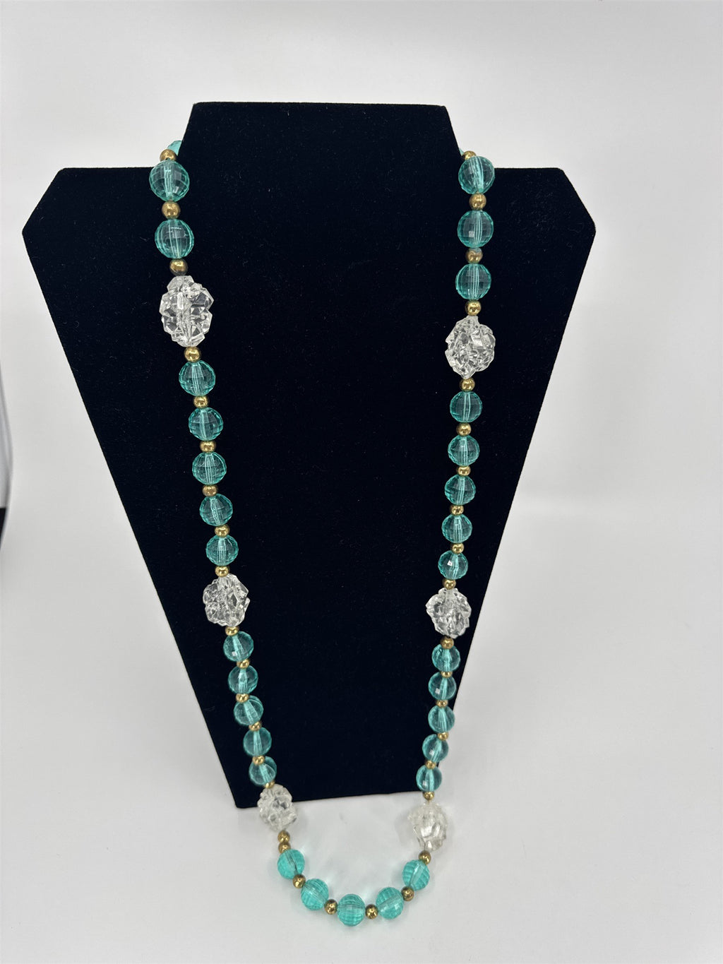 Vintage Womens Necklace Costume Jewelry Transparent Acrylic Icebergs Blue Gold
