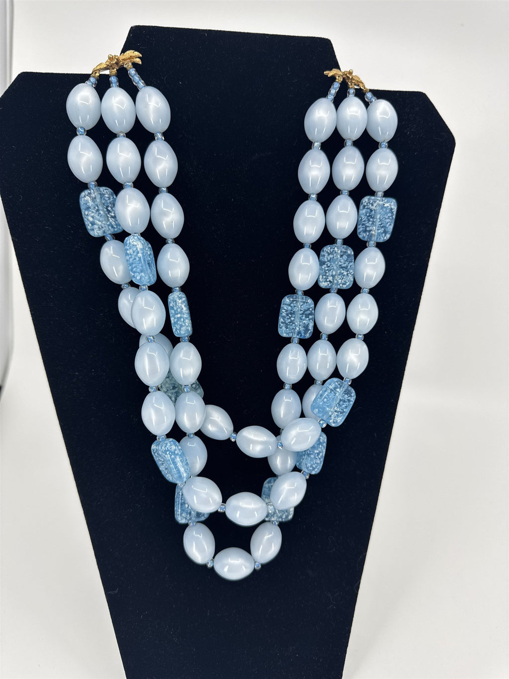 Vintage Blue Faux Stone Aquamarine Glimmering Necklace /w Three Strands Unsigned