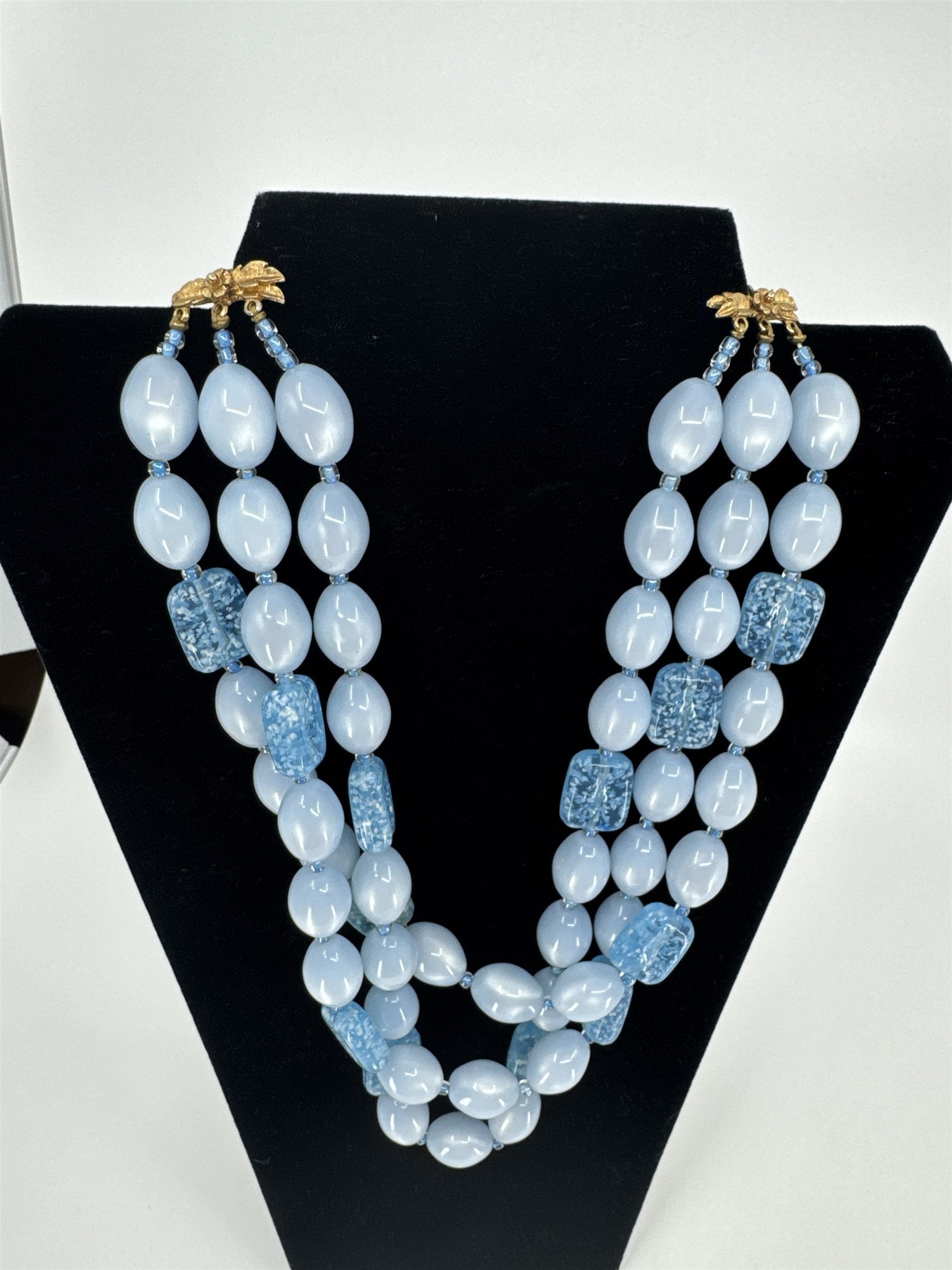 Vintage Blue Faux Stone Aquamarine Glimmering Necklace /w Three Strands Unsigned