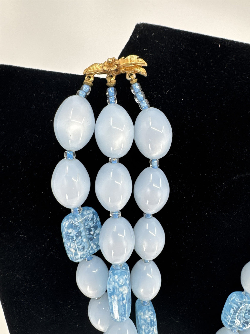Vintage Blue Faux Stone Aquamarine Glimmering Necklace /w Three Strands Unsigned