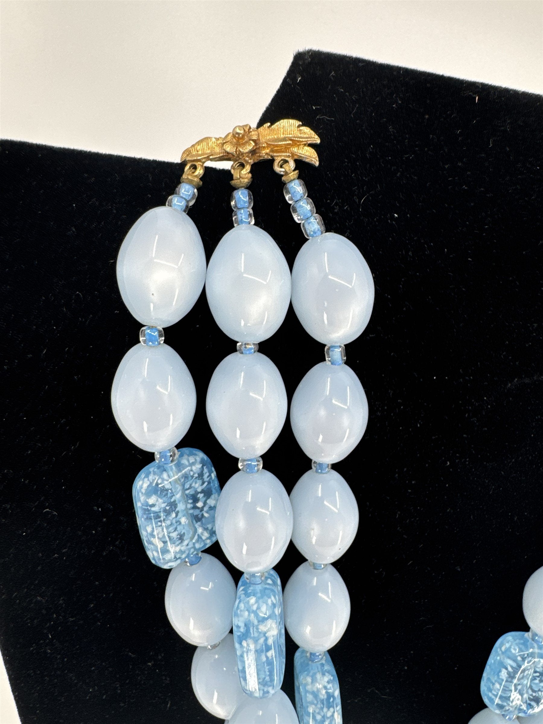 Vintage Blue Faux Stone Aquamarine Glimmering Necklace /w Three Strands Unsigned