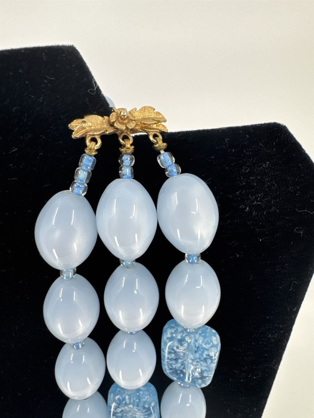 Vintage Blue Faux Stone Aquamarine Glimmering Necklace /w Three Strands Unsigned