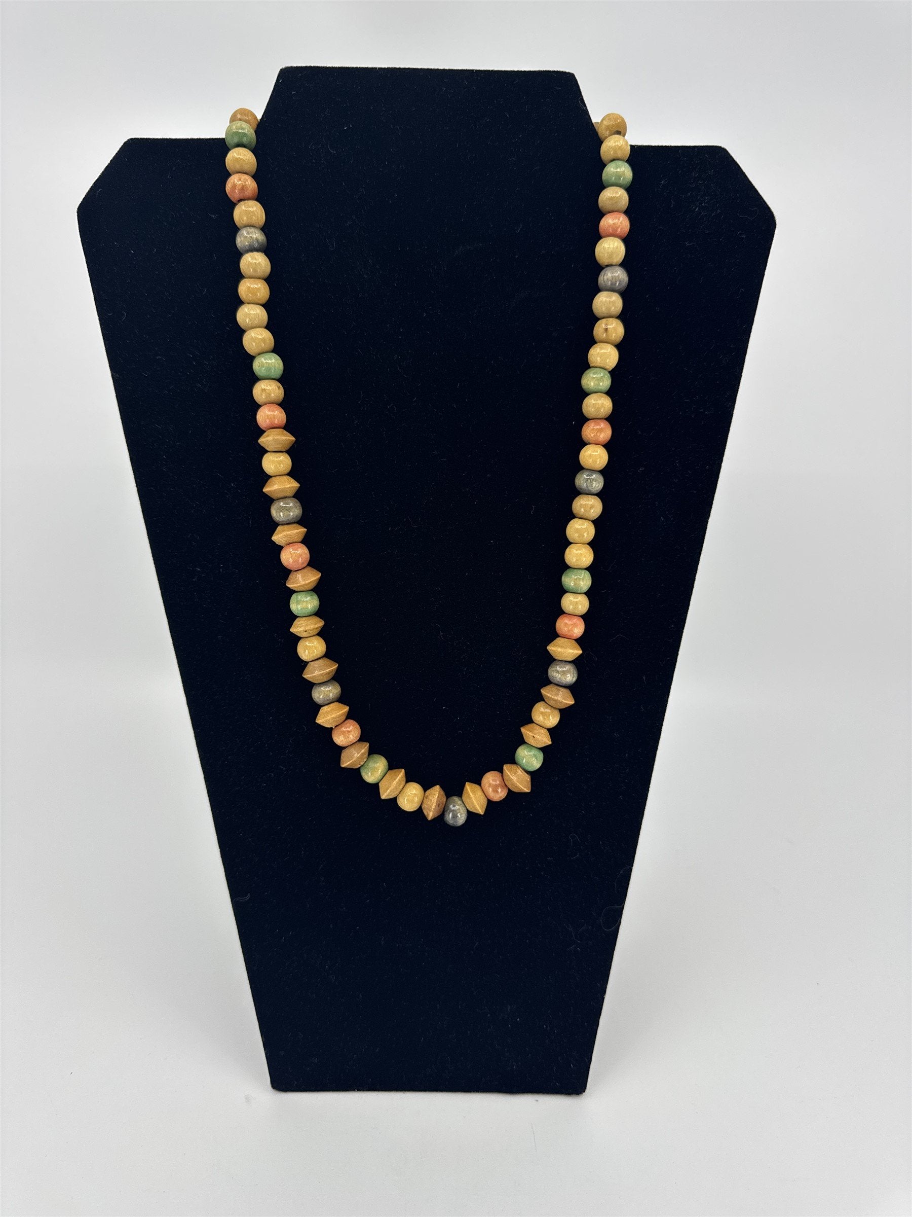 Vintage Handmade Wooden Beaded Multicolor Necklace Boho