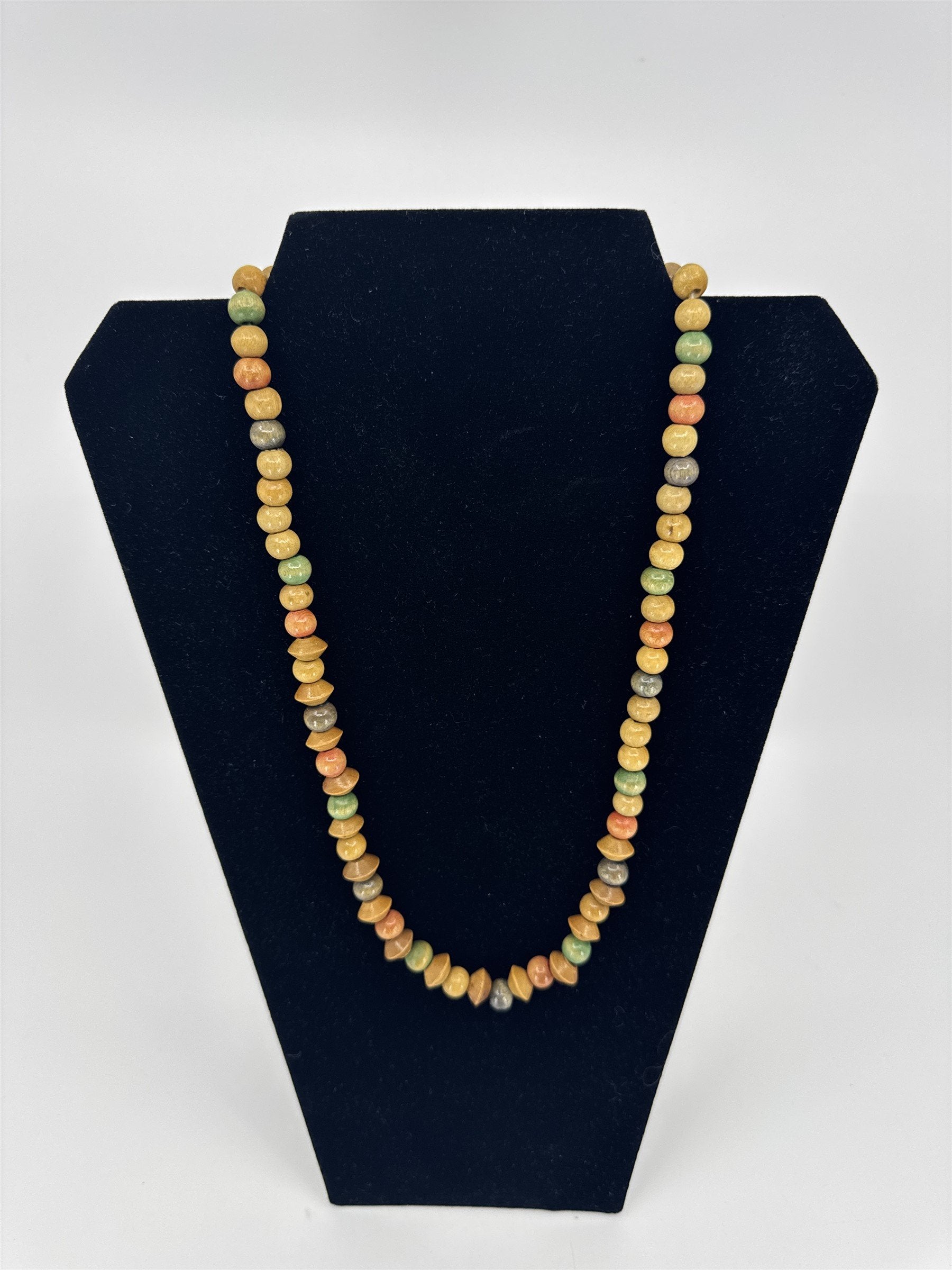 Vintage Handmade Wooden Beaded Multicolor Necklace Boho