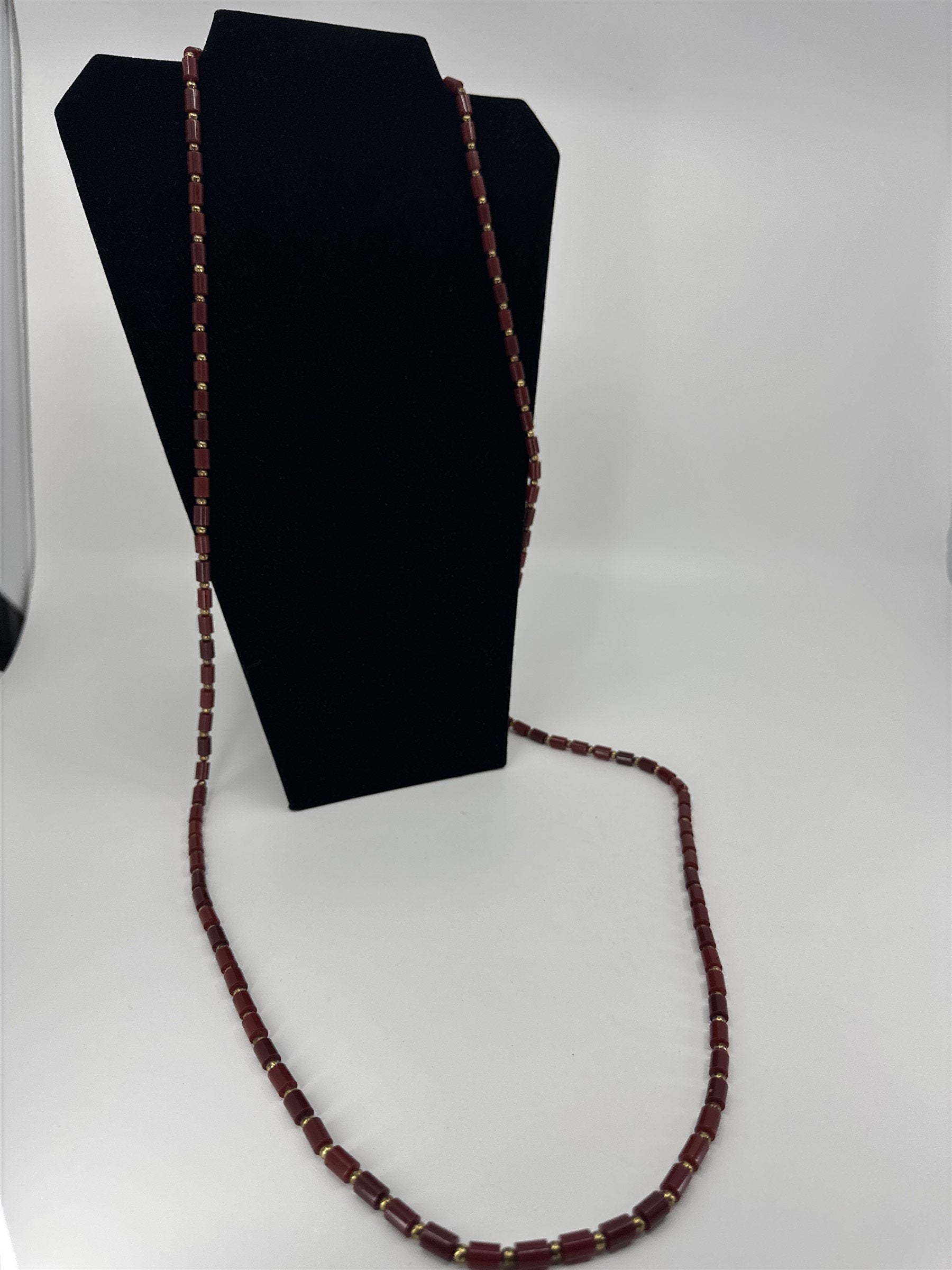 Vintage Extra Long Beaded Necklace Red Cylinders /w Gold Tone Separator Beads