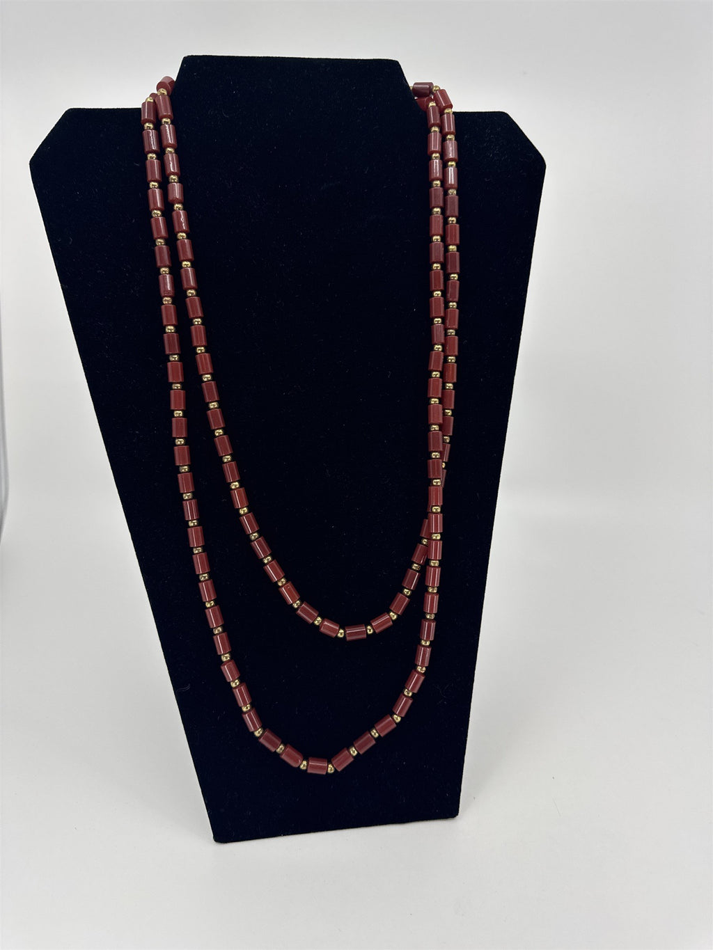Vintage Extra Long Beaded Necklace Red Cylinders /w Gold Tone Separator Beads