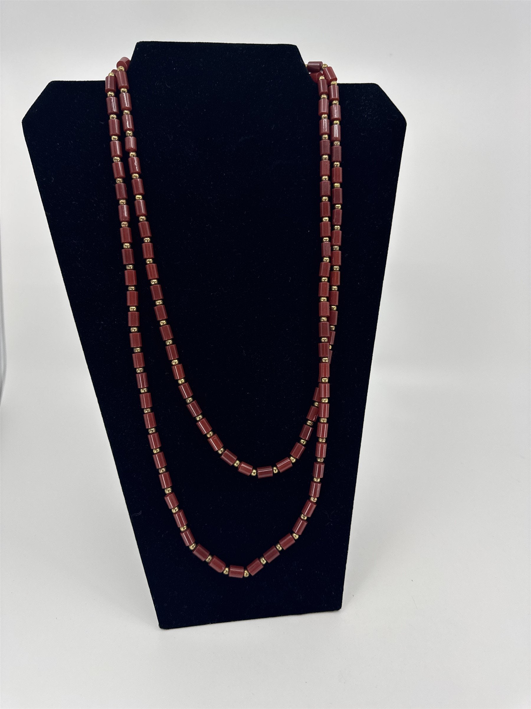 Vintage Extra Long Beaded Necklace Red Cylinders /w Gold Tone Separator Beads
