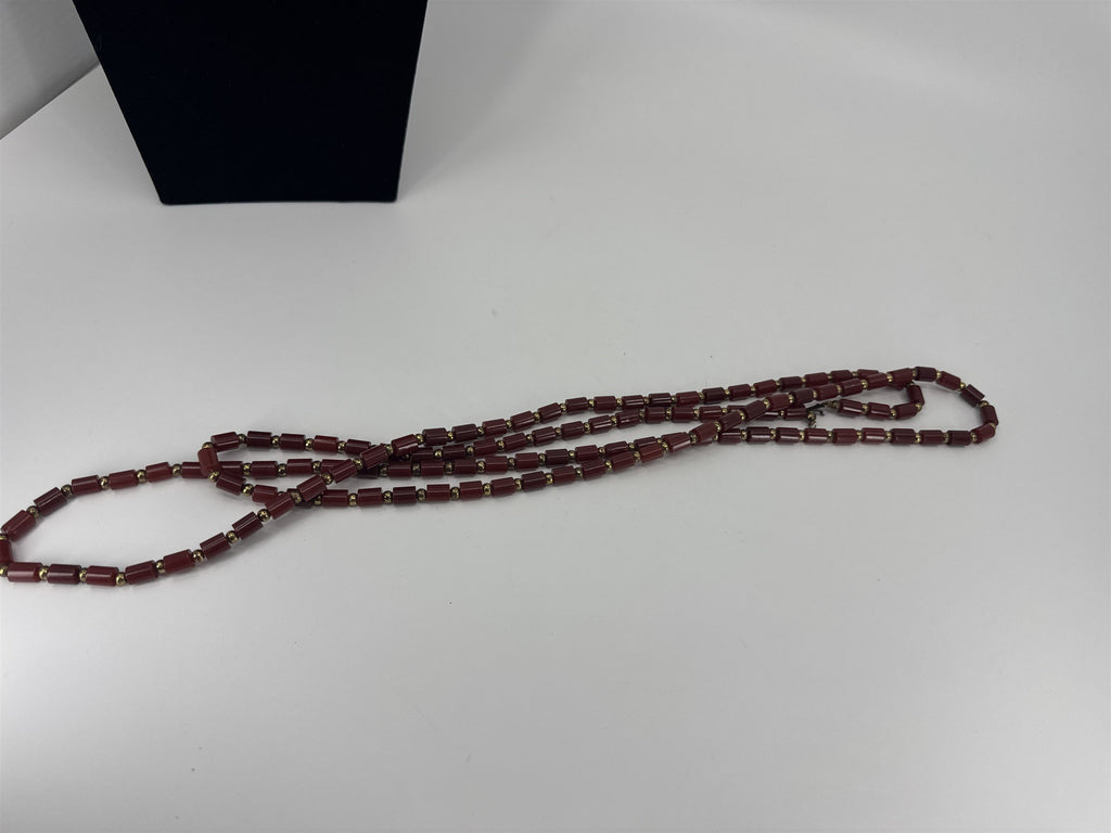 Vintage Extra Long Beaded Necklace Red Cylinders /w Gold Tone Separator Beads