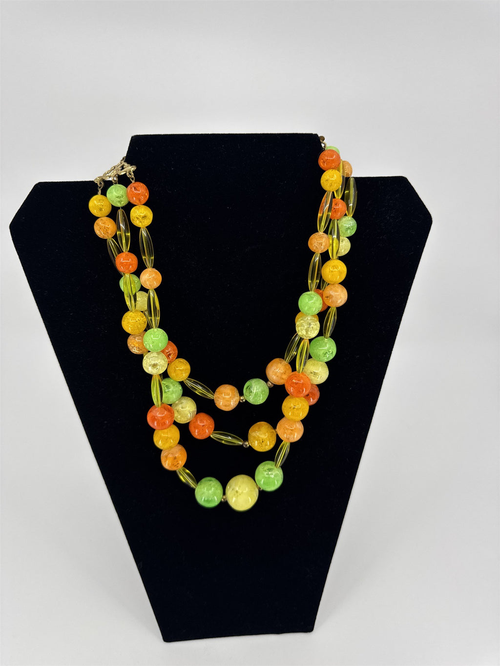 Vintage Crackled Glass Vibrant Necklace Hard Plastic or Lucite? Beaded 3-Strands
