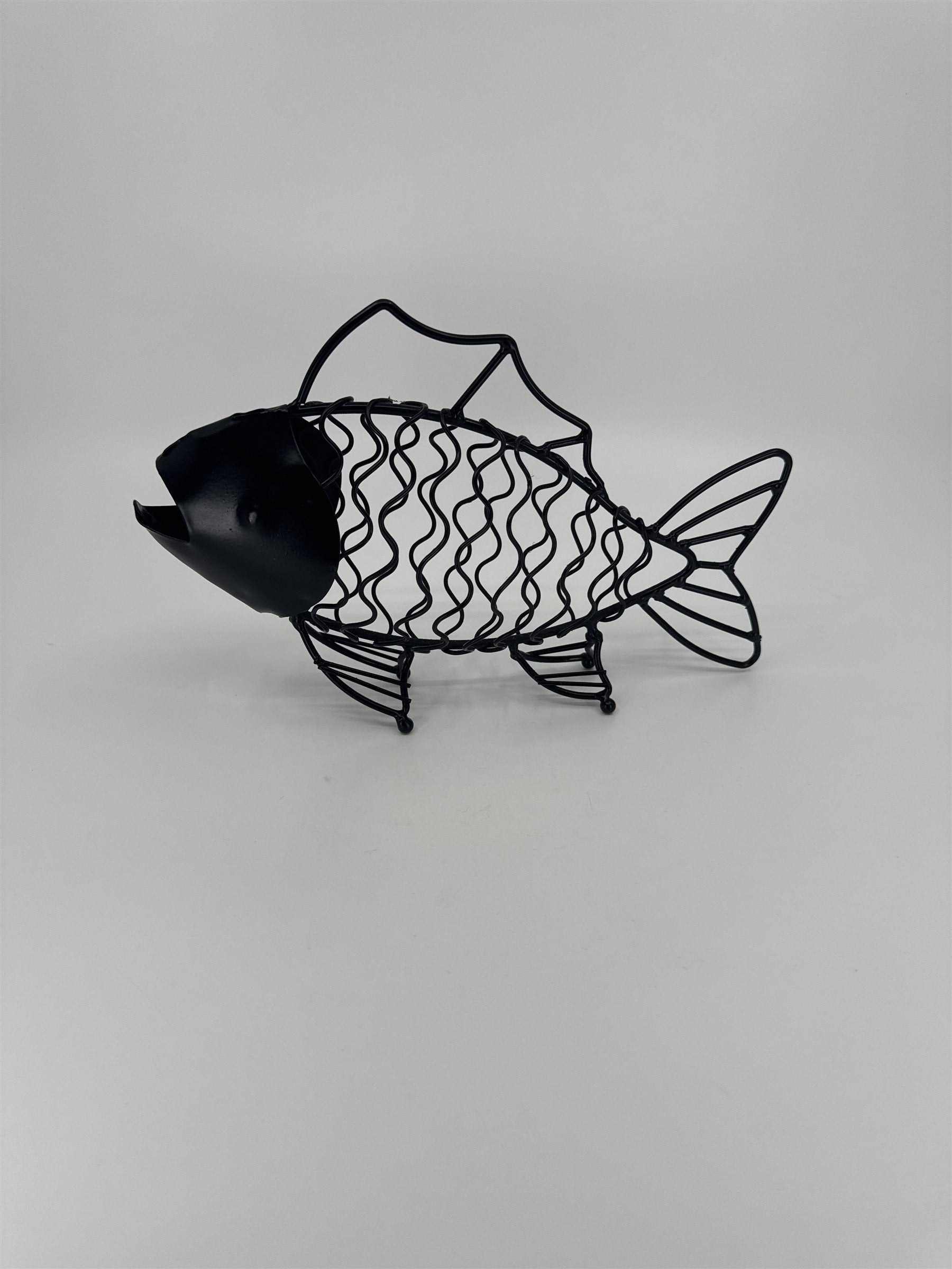 Boho Art Deco Metal Fish /w Fins and Open Mouth Black Metal Sculpture