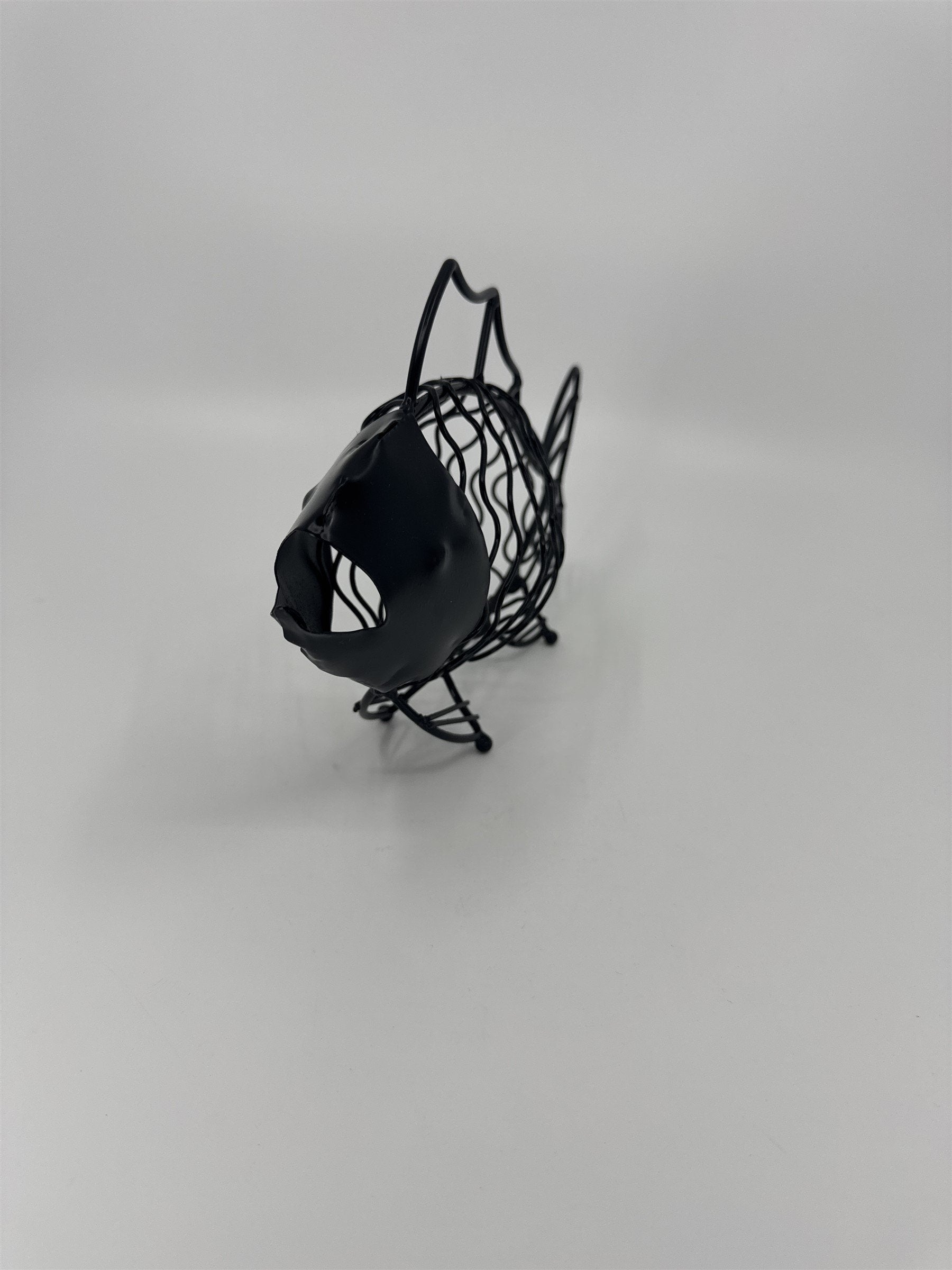 Boho Art Deco Metal Fish /w Fins and Open Mouth Black Metal Sculpture