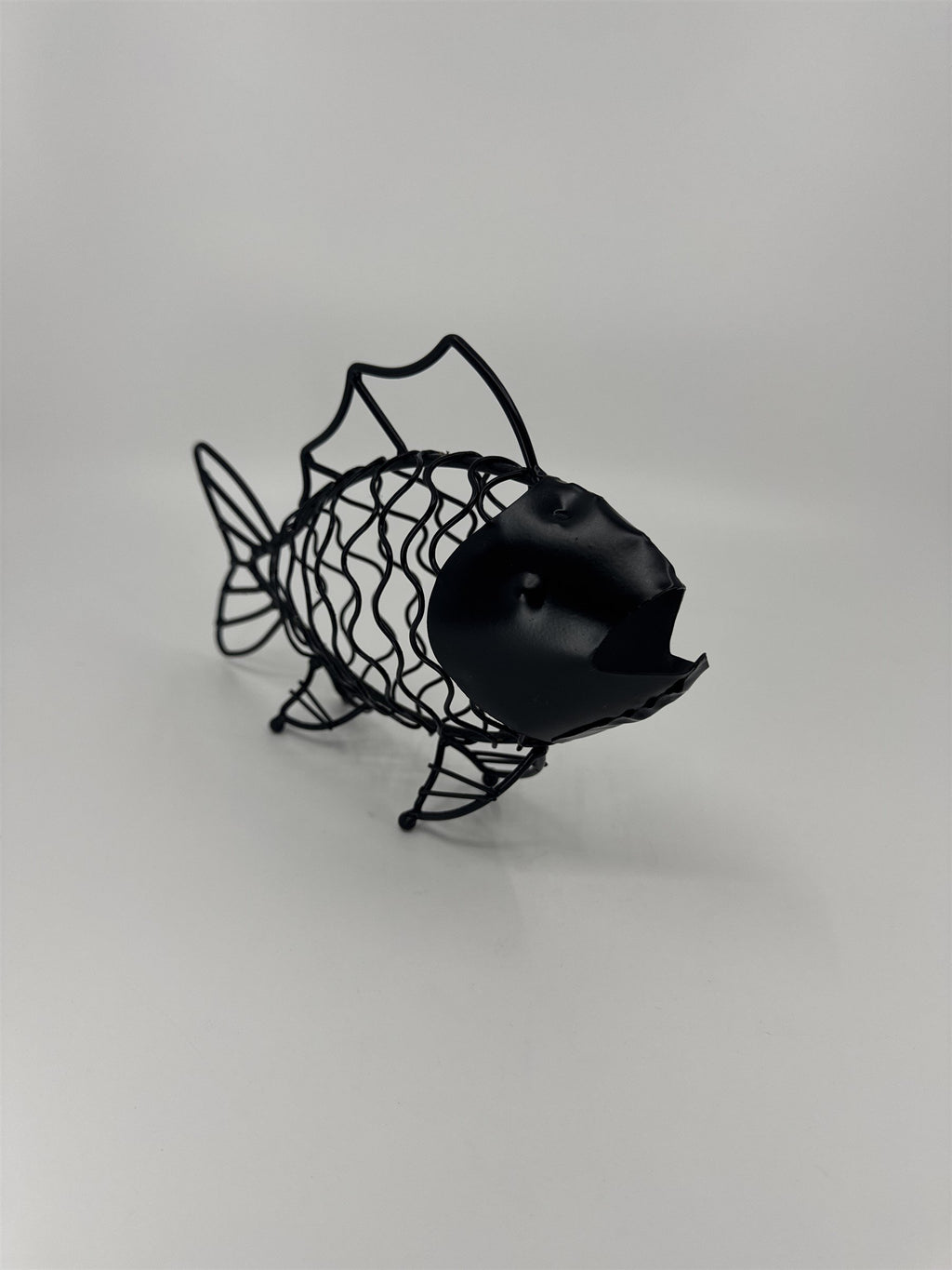 Boho Art Deco Metal Fish /w Fins and Open Mouth Black Metal Sculpture